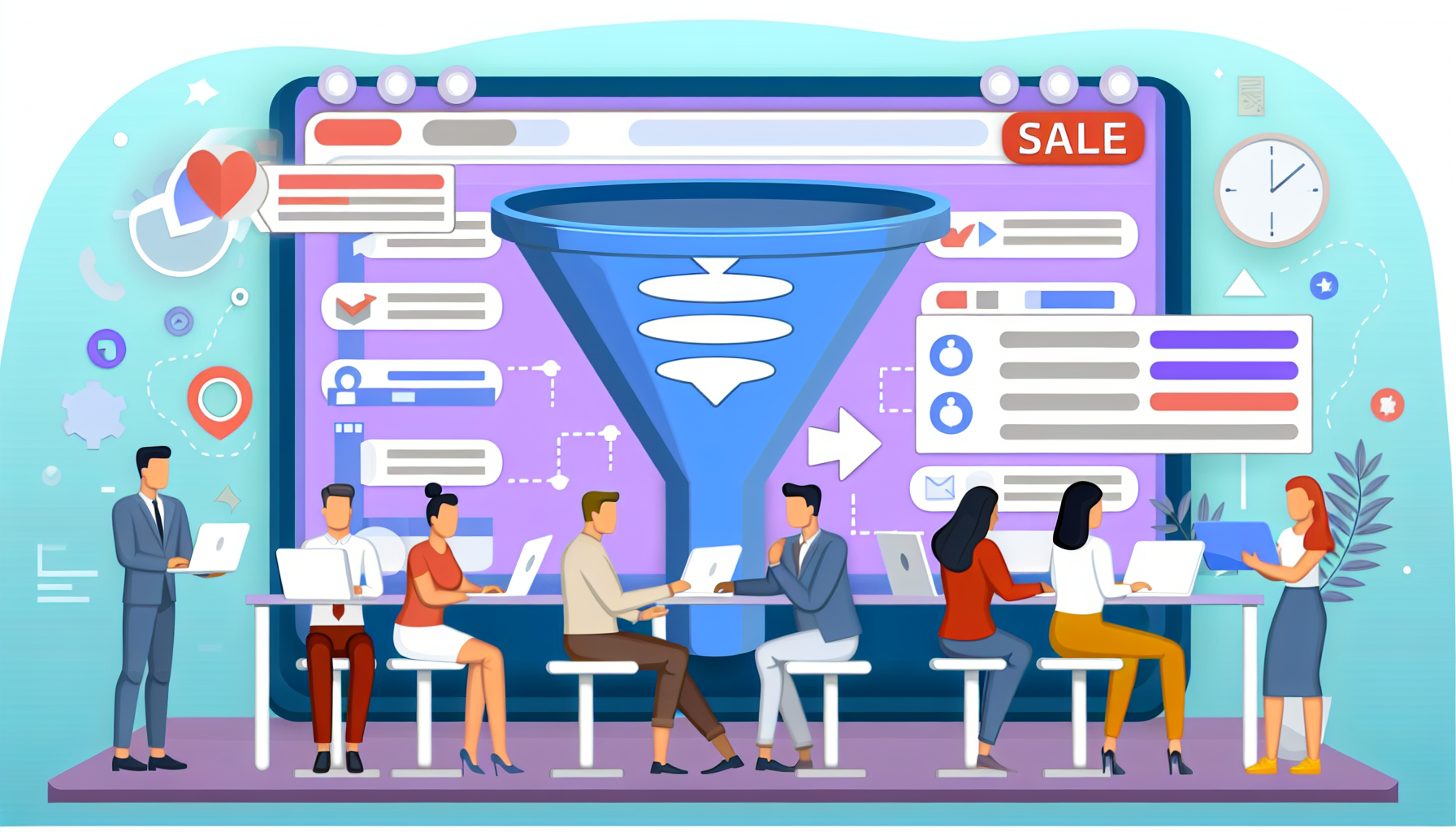 Illustration eines Verkaufs digitaler Produkte im Bereich Funnel-Marketing. Die Szene zeigt eine Online-Plattform, die verschiedene digitale Marketing-Tools präsentiert. Es gibt ein groÃes Trichter-Symbol, das das Konzept des Funnel-Marketings repräsentiert. Verkäufe werden visualisiert als Artikel, die den Trichter hinunterbewegt werden und potenzielle Interessenten in Kunden umwandeln. Menschen unterschiedlicher Abstammung, wie kaukasische, hispanische und nahöstliche Personen, sind zu sehen, wie sie die Produkte analysieren und sich mit ihnen beschäftigen. Eine Mischung aus Geschlechtern ist aktiv, was auf ein ausgewogenes professionelles Umfeld hinweist. Die Farben sind neutral und spiegeln eine professionelle digitale Welt wider.