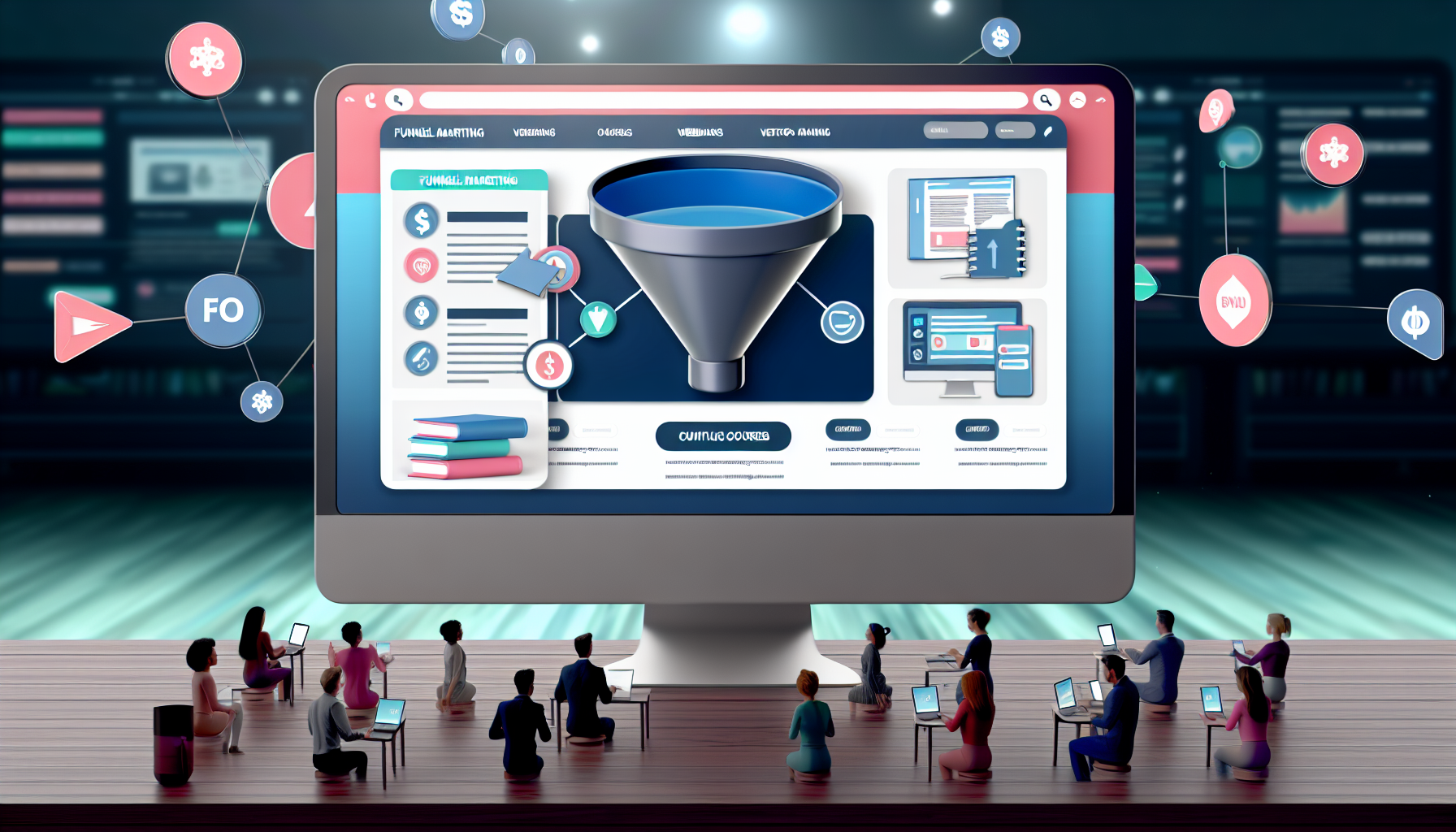 Eine Szene, die den digitalen Verkauf von Produkten im Bereich Funnel-Marketing zeigt. Eine gut gestaltete Website wird dargestellt, mit einer Illustration eines Trichters, der die Marketingstrategie repräsentiert. Der Bildschirm zeigt verschiedene digitale Marketing-Tools und Ressourcen, die zum Kauf angeboten werden. Die Atmosphäre vermittelt ein Gefühl von Hochtechnologie und Effizienz. Es sind Symbole zu sehen, die Videokurse, eBooks, Webinare und Software-Tools darstellen, die alle mit Funnel-Marketing in Verbindung stehen. Die Zuschauer können verschiedene Menschen unterschiedlicher Geschlechter und Herkunft sehen, die mit den digitalen Produkten interagieren, Käufe tätigen oder die Materialien überprüfen.