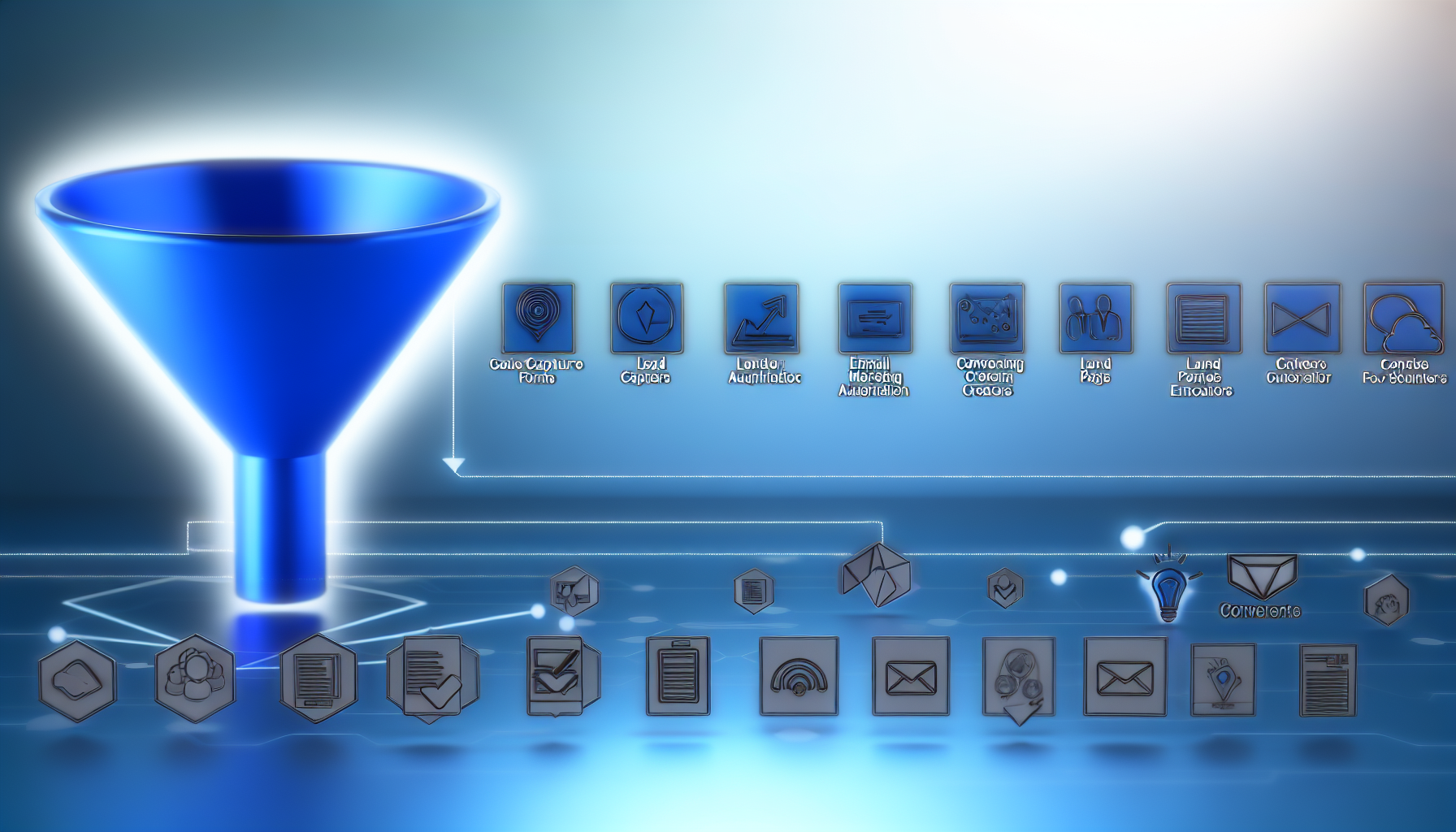 Präsentation digitaler Produkte im Bereich Funnel-Marketing. Die Szene zeigt ein digital gestaltetes blaues Trichterdiagramm, das den Prozess der Kundengewinnung symbolisiert, beginnend mit dem breiten Teil des Trichters, der das allgemeine Publikum repräsentiert, bis hin zum schmalen Ende, das die endgültigen Kunden symbolisiert, die Käufe tätigen. Neben dem Trichter sind eine Reihe von Icons digitaler Produkte angeordnet, die verschiedene Werkzeuge im Funnel-Marketing-Prozess darstellen, darunter Lead-Generierungsformulare, Automatisierungstools für E-Mail-Marketing, Landingpage-Generatoren und Optimierungstools für die Konversionsrate.