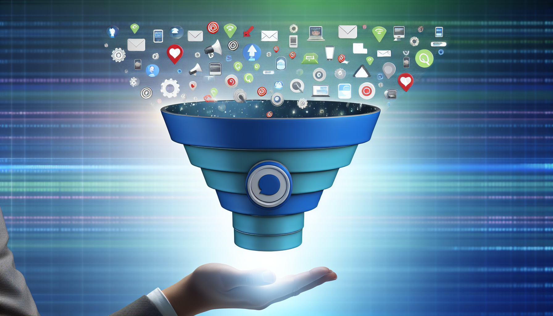 Ein digitales Marketingkonzept, das die Verkäufe digitaler Produkte im Bereich Funnel-Marketing visualisiert. Der obere Teil des Trichters ist weit, was auf ein großes Zielpublikum hinweist. Der schmale mittlere Teil des Trichters symbolisiert den Auswahlprozess, und der untere Teil steht für die endgültigen, treuen Kunden. Der Trichter ist mit verschiedenen digitalen Produkten gefüllt, die jeweils unterschiedliche digitale Werkzeuge im Marketing repräsentieren, wie z.B. E-Mail-Marketing, Social-Media-Tools, Tools zur Inhaltserstellung und Analysesoftware.