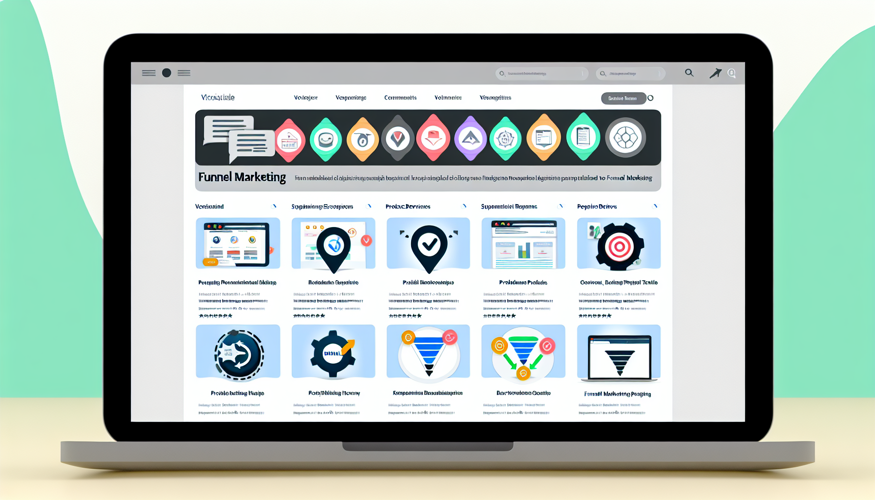 Ein Online-Marktplatz, der eine Auswahl an digitalen Produkten im Bereich Funnel-Marketing präsentiert. Stellen Sie sich ein Webseitenlayout vor, das mehrere Produktikonen zeigt, wobei jede Ikone ein anderes digitales Werkzeug oder eine Ressource im Zusammenhang mit Funnel-Marketing repräsentiert. Es sollten ergänzende Elemente neben den Ikonen vorhanden sein, wie Produktbeschreibungen, Benutzerbewertungen und Preisinformationen. Das Gesamtdesign sollte sauber und professionell sein und ein Gefühl von Vertrauen und Effizienz vermitteln. Der Hintergrund sollte hell gefärbt sein, während die Produkte, der Text und andere Elemente kontrastierende Farben für eine bessere Sichtbarkeit aufweisen sollten.