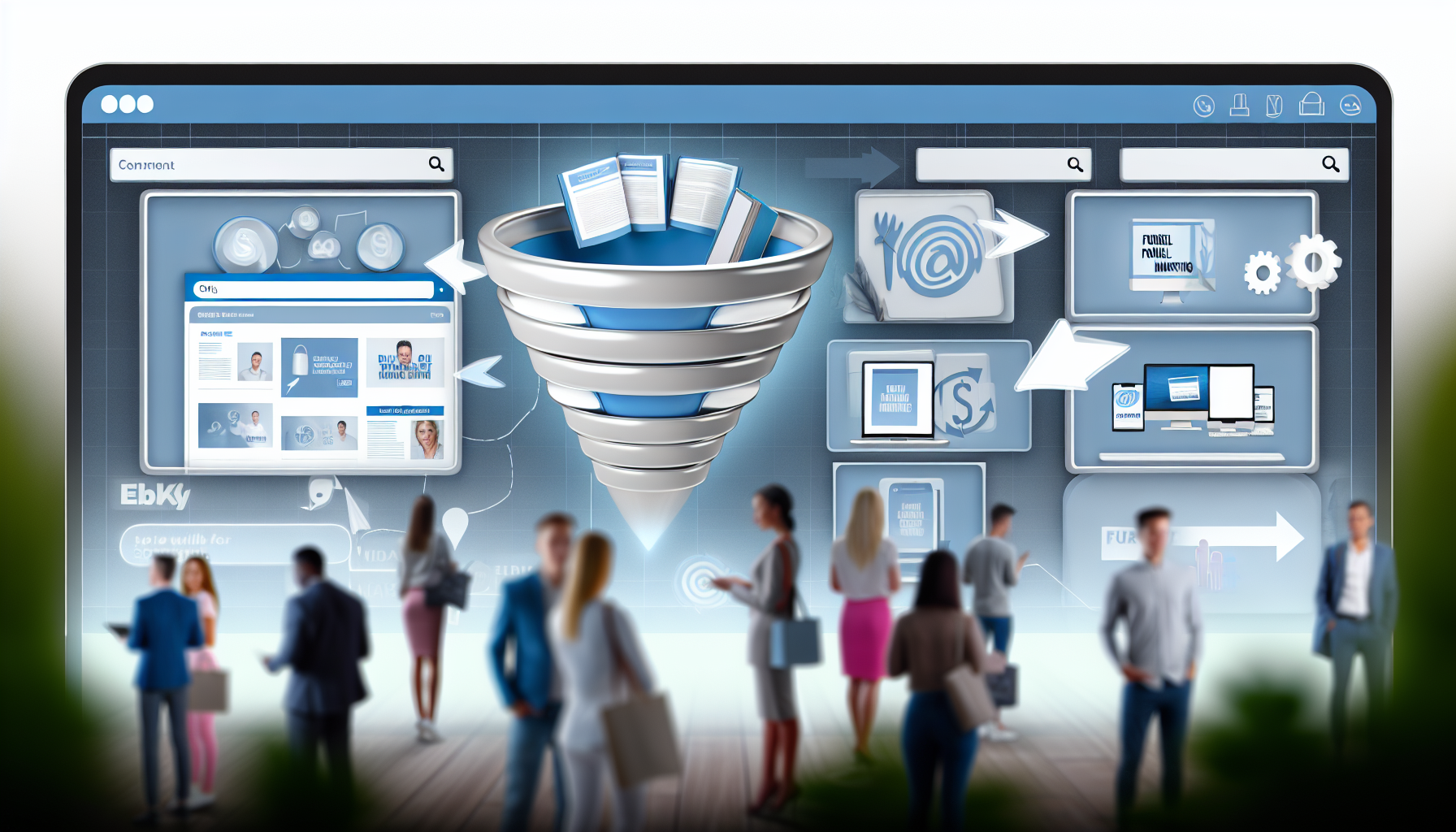 Darstellung eines Online-Shops, der digitale Produkte im Bereich Funnel-Marketing verkauft. Der Bildschirm ist in verschiedene Abschnitte unterteilt, die eine Vielzahl von digitalen Produkten wie eBooks, Online-Kurse, Webinare und Marketing-Software anzeigen. Kunden unterschiedlicher Herkunft und Geschlechter sind im Hintergrund zu sehen, während sie durch die Optionen stöbern. Auf einer Seite befindet sich eine interaktive Funnel-Grafik, die den Weg vom potenziellen Kunden bis zum Kauf veranschaulicht. Das Bild sollte insgesamt eine moderne und digitale Atmosphäre ausstrahlen, mit einer Farbpalette aus sanften Blau- und WeiÃtönen, die Vertrauen und Einfachheit in der komplexen Welt des Online-Funnel-Marketings symbolisieren.