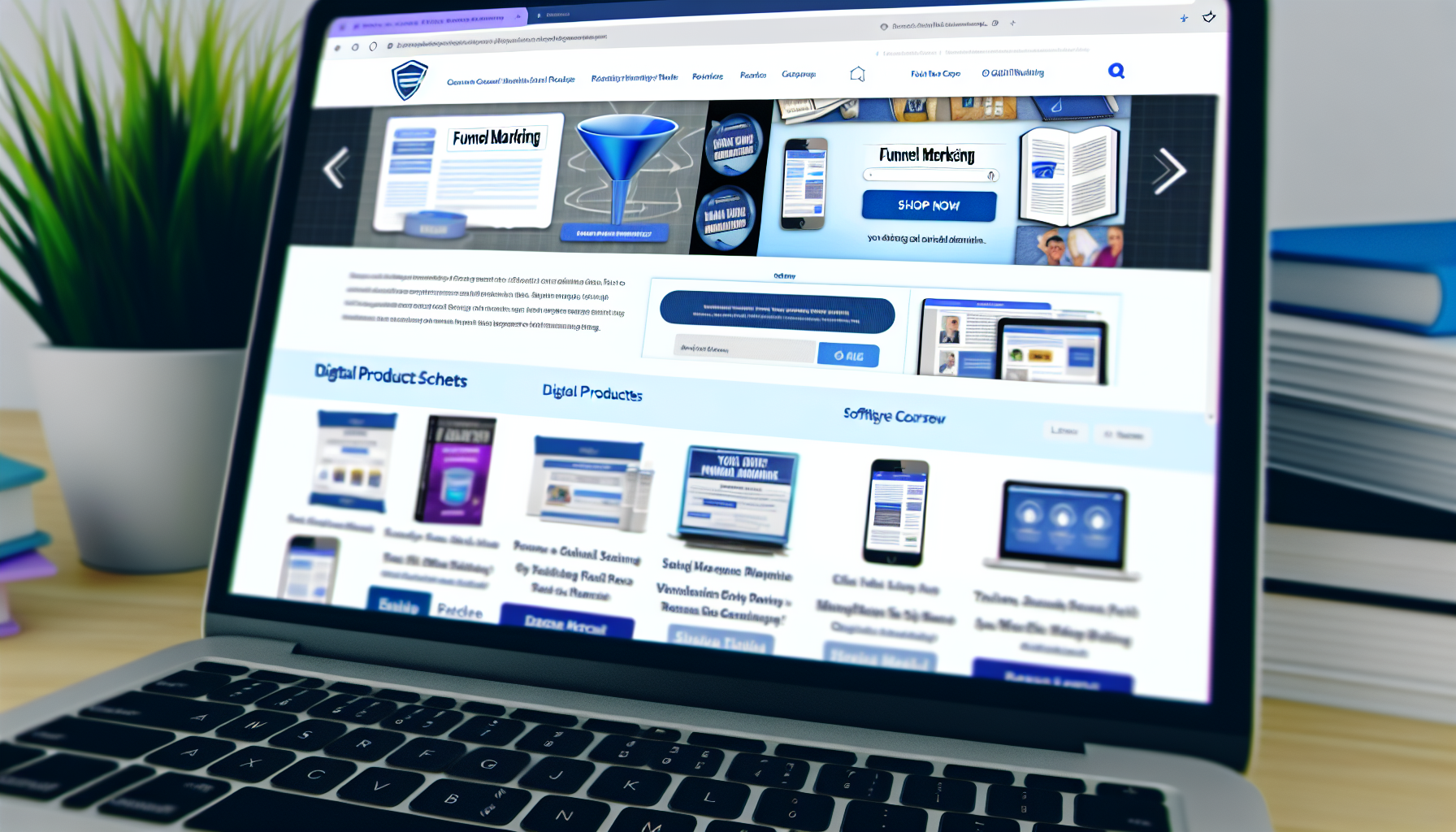 Eine E-Commerce-Website für digitale Produkte, die sich auf Funnel-Marketing konzentriert. Die Benutzeroberfläche der Webseite zeigt eine Vielzahl von digitalen Produkten, wie E-Books, Online-Kurse, Softwarepakete und andere Ressourcen, die alle mit Funnel-Marketing in Verbindung stehen. Die Farbgebung der Webseite wird von einer Mischung aus Blau und Weiß dominiert, was einen professionellen und sauberen Eindruck vermittelt. Das Layout umfasst Abschnitte für Produktbeschreibungen, Bewertungen und ein Einkaufswagensymbol sowie visuelle Hinweise wie Pfeile, um das Browsing-Erlebnis zu leiten. Insgesamt ist es ein lebhafter virtueller Marktplatz für digitale Vermarkter.