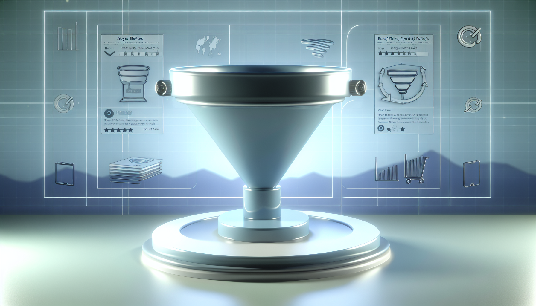 Ein digitaler Marktplatz, der Produkte im Bereich Funnel-Marketing präsentiert. Die Szene spielt in einer modernen, eleganten E-Commerce-Umgebung, in der eine Vielzahl von Artikeln in einer trichterförmigen Struktur angezeigt wird. Online-Kaufoptionen, Käuferbewertungen und Produktbewertungen sind für jeden Artikel sichtbar. Die Farbpalette ist kühl gehalten und vermittelt eine professionelle, aber dennoch zugängliche Atmosphäre. Im Hintergrund sind subtile Elemente von analytischen Grafiken und Datencharts zu sehen, die die empirische Natur des Funnel-Marketings widerspiegeln.