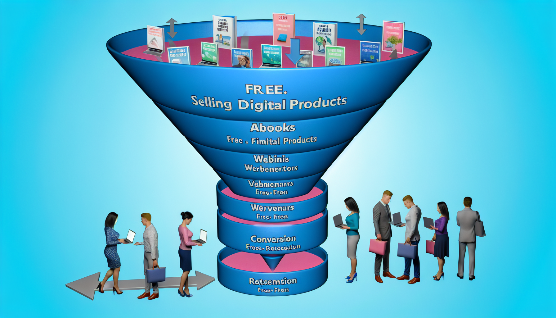 Visuelle Darstellung des Verkaufs digitaler Produkte im Bereich Funnel-Marketing. Das Bild sollte mehrere digitale Produkte wie eBooks, Webinare und Online-Coaching-Programme zeigen, die in Form eines Trichters angeordnet sind. Kunden kommen von oben hinein, angezogen von kostenlosen Angeboten, und bewegen sich allmählich nach unten, während sie zunehmend teurere Produkte oder Dienstleistungen kaufen. Darüber hinaus könnte jede Stufe des Trichters mit Beschriftungen versehen sein, die verschiedene Phasen der Kundenreise anzeigen, von Bewusstsein, Überlegung, Konversion bis hin zu Bindung.