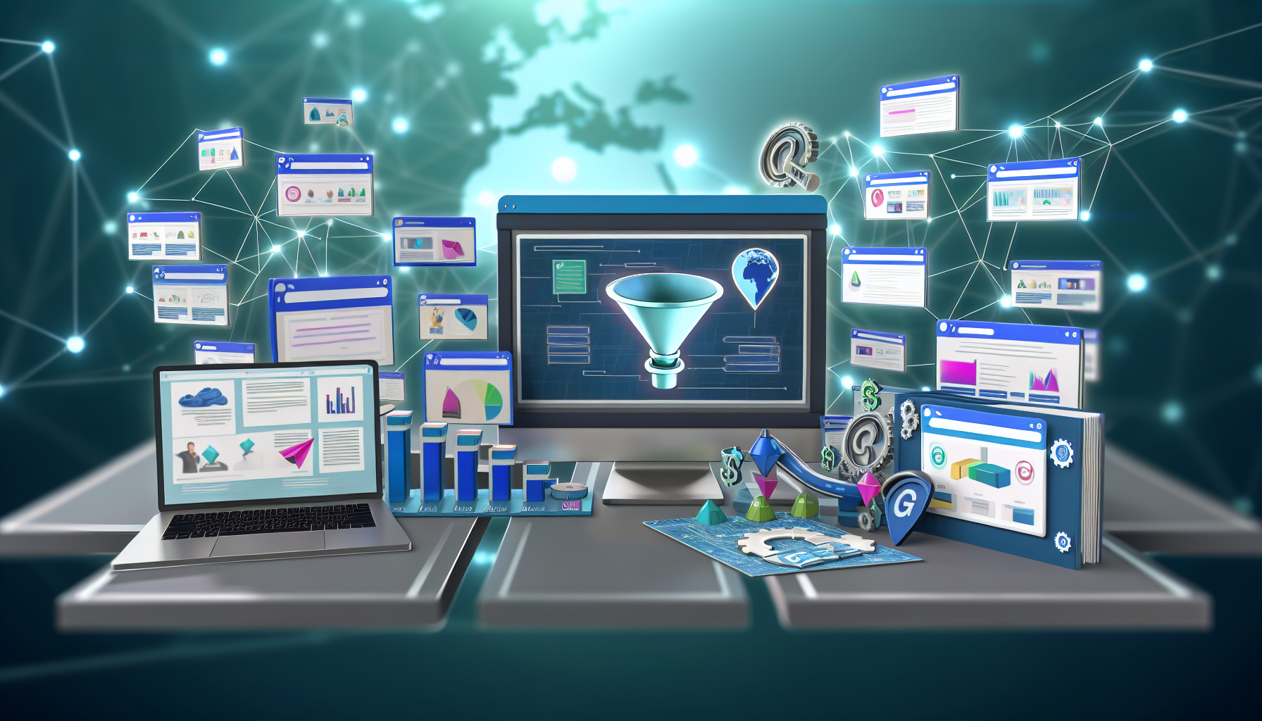 Stellen Sie sich einen digitalen Marktplatz vor, der sich auf den Verkauf von Produkten im Zusammenhang mit Funnel-Marketing konzentriert. Das Setup besteht aus verschiedenen digitalen Produkten, die angezeigt werden, darunter eBooks, Online-Kurse und Software-Tools, die alle verschiedene Aspekte des Funnel-Marketings unterstützen. Dieser geschäftige Marktplatz ist in einem modernen, technologiefreundlichen Stil gestaltet, mit benutzerfreundlichen Oberflächen, bunten Diagrammen und 3D-Modellen von Funnels. An den Seiten laufen Codezeilen, die Automatisierung symbolisieren. Im Hintergrund sollten leuchtend blaue Netzwerke dargestellt werden, die weltweite Verbindungen und E-Commerce-Beziehungen repräsentieren.