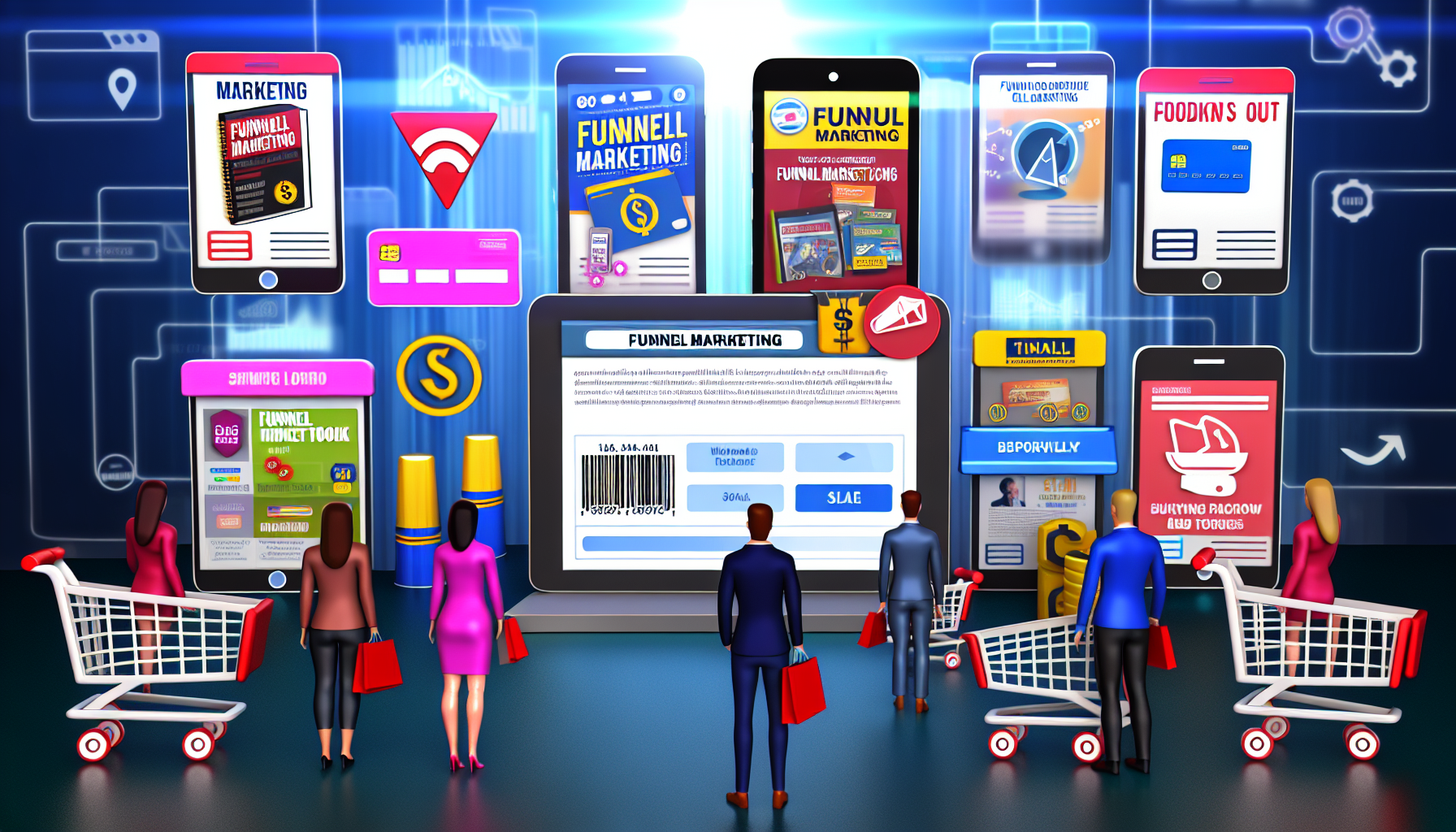 Ein Online-Marktplatz, auf dem digitale Produkte im Zusammenhang mit Funnel-Marketing verkauft werden. Die Szene sollte eine Vielzahl von Marketing-Tools in digitaler Form darstellen, wie E-Books, Videoinhalte, Softwareanwendungen und Online-Kurse. Jedes Produkt sollte mit einem ansprechenden Design und Preisschild versehen sein. Der Hintergrund sollte Elemente der Digitalisierung und des E-Commerce enthalten, wie Einkaufswagen, Kreditkarten-Symbole und Barcodes. Zudem sollten einige aktive Kunden dargestellt werden, die die Produkte durchstöbern und bewerten; sie sollten gleichmäßig aus kaukasischer, hispanischer und asiatischer Abstammung sein, sowie sowohl männlich als auch weiblich.