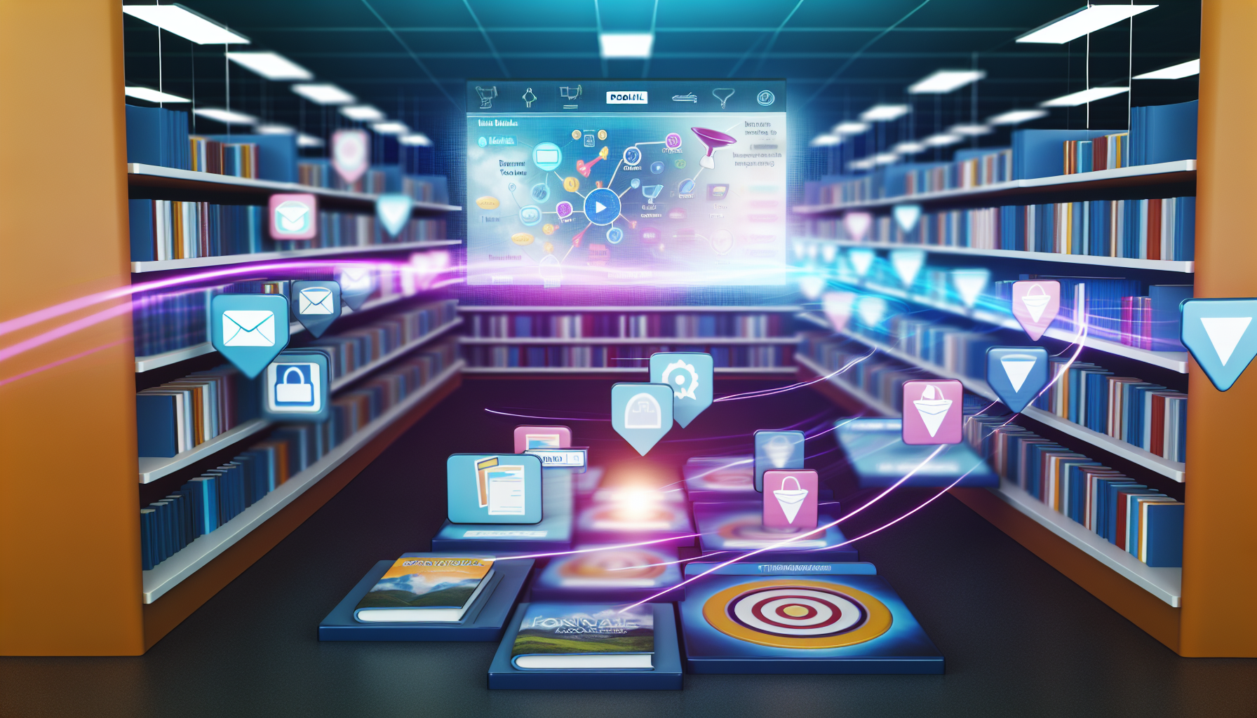 Ein digitaler Marktplatz, der eine Vielzahl von digitalen Produkten im Zusammenhang mit Funnel-Marketing präsentiert. Die Umgebung zeigt virtuelle Regale, die mit Symbolen für E-Books, Videokurse und Software-Tools gefüllt sind. Jedes Produkt strahlt ein sanftes, einladendes Licht aus. Die Atmosphäre vermittelt ein Gefühl von regem Treiben, während helle Linien, die über die Szene ziehen, Transaktionen und Datenfluss symbolisieren. Informationsschilder schweben über jedem Produkt und bieten prägnante Beschreibungen und Preise an. Ein großer, interaktiver Bildschirm in der Mitte zeigt ein dynamisches Diagramm, das den Funnel-Marketing-Prozess veranschaulicht, wobei lebendige Farben die verschiedenen Phasen unterscheiden.