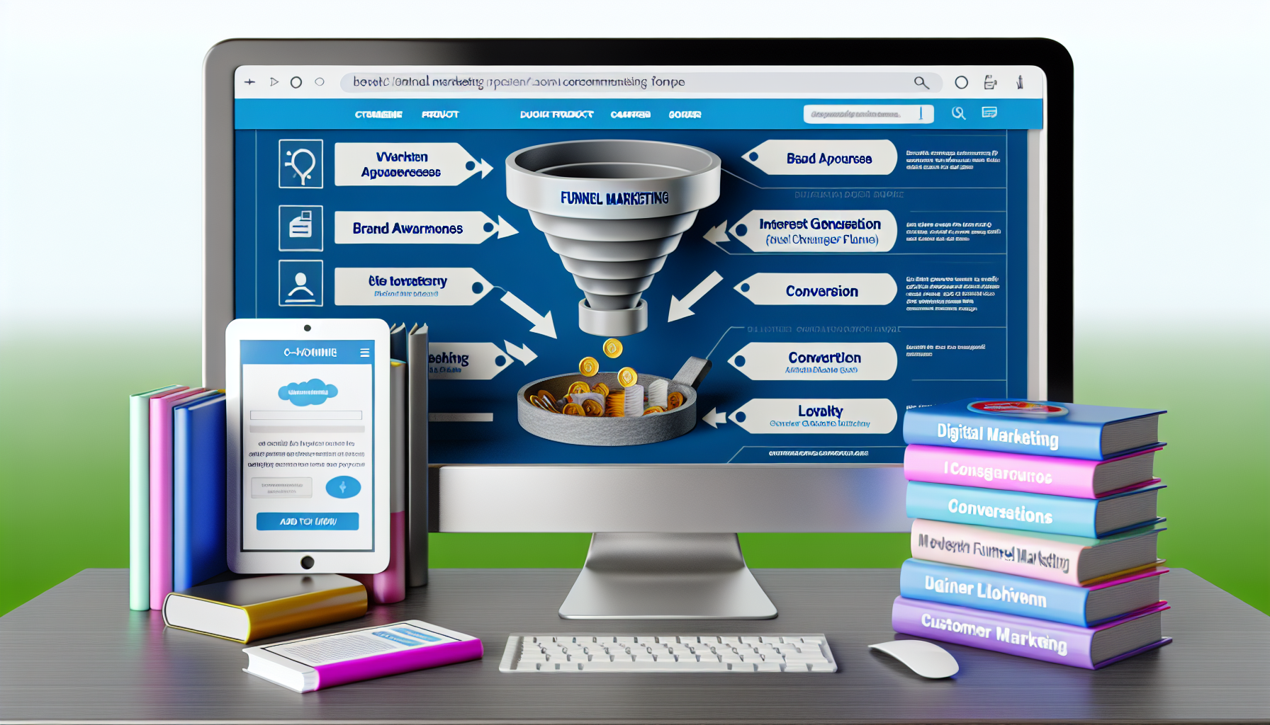 Ein E-Commerce-Setup für den Verkauf digitaler Produkte im Bereich Funnel-Marketing. Die Szene umfasst eine gut gestaltete Website-Oberfläche auf einem Computerbildschirm, die verschiedene Komponenten eines digitalen Marketing-Funnels analysiert, wie Markenbekanntheit, Interessensgenerierung, Konversion und Kundenloyalität. Daneben könnten verschiedene digitale Produkte wie E-Books, Videokurse und Software, die mit Funnel-Marketing in Verbindung stehen, visuell dargestellt werden, die zum Kauf verfügbar sind. Diese Szene könnte auch eine Darstellung der Kundeninteraktion zeigen, wie das Hinzufügen eines Produkts zum Warenkorb oder das Verfassen einer Kundenbewertung.