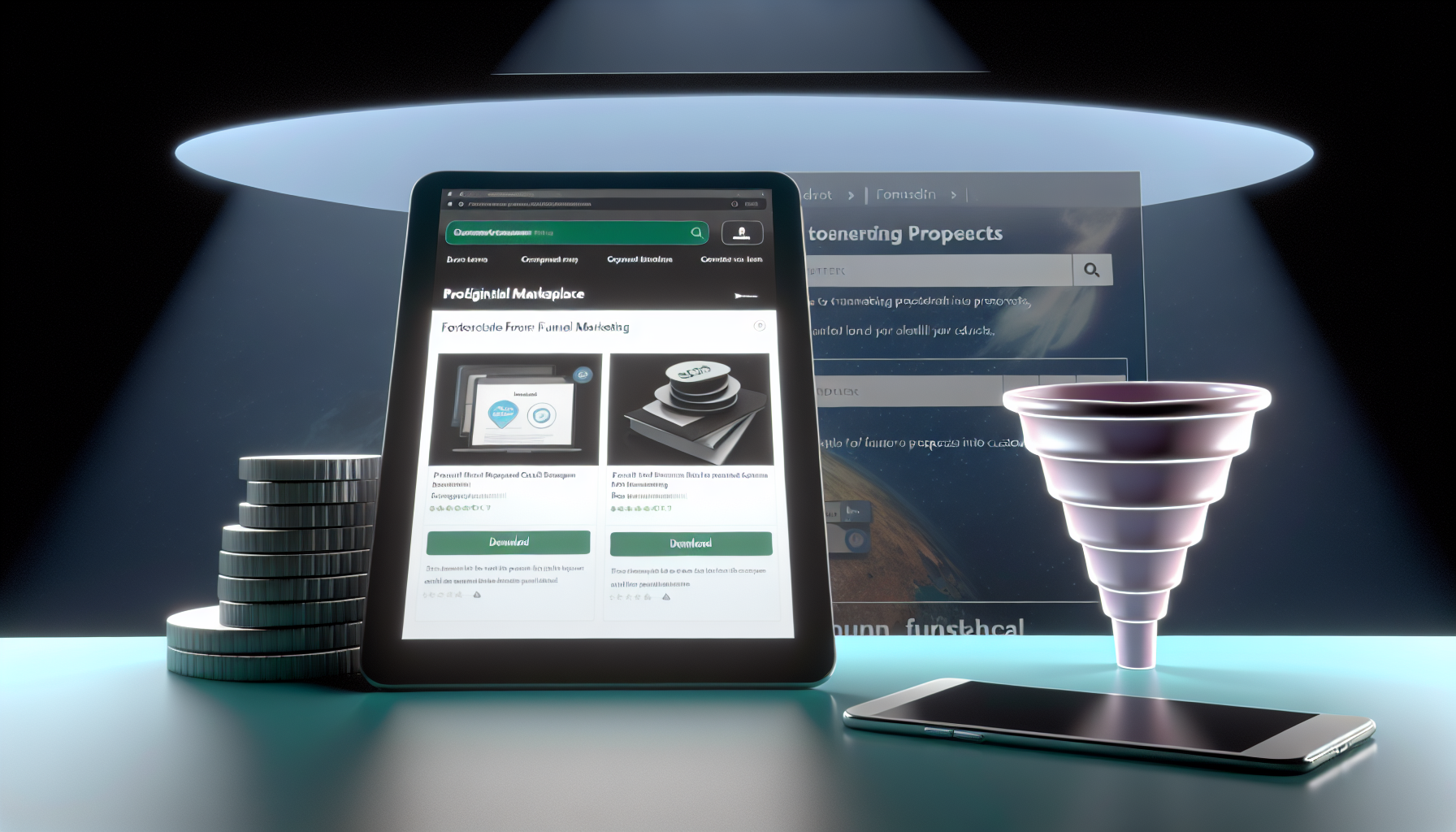 Ein Online-Marktplatz für digitale Produkte im Bereich Funnel-Marketing. Das Design der Seite sollte schlanke, moderne Elemente integrieren und Produktlistungsseiten mit ansprechendem Beschreibungstext, Preisinformationen und Download-Buttons enthalten. Die Nutzer sollten außerdem die Möglichkeit haben, nach spezifischen Produkten zu suchen. Im Hintergrund sollte eine Trichterform visualisiert werden, um den Prozess der Umwandlung von Interessenten in Kunden darzustellen und das Wesen des Funnel-Marketings zu verdeutlichen.