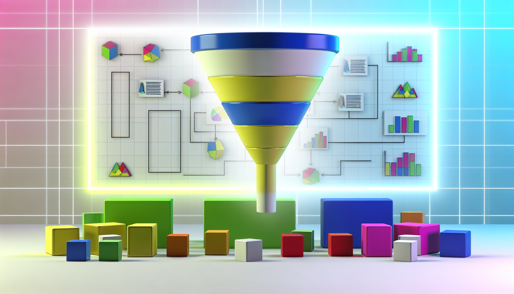 Ein Bild, das den Verkauf digitaler Produkte im Bereich Funnel-Marketing darstellt. Das Bild sollte einen breiten Trichter oben zeigen, der sich nach unten verjüngt und den Marketingprozess symbolisiert. Jede Schicht des Trichters ist mit unterschiedlich farbigen Würfeln gefüllt, die verschiedene Arten von digitalen Produkten repräsentieren. Unter dem Trichter befinden sich bunte Grafiken und Diagramme, die verschiedene Marketing- und Verkaufsdaten veranschaulichen. Der Hintergrund sollte minimalistisch sein, in einer hellen, einfarbigen, modern mit Neonakzenten um den Trichter herum akzentuiert.