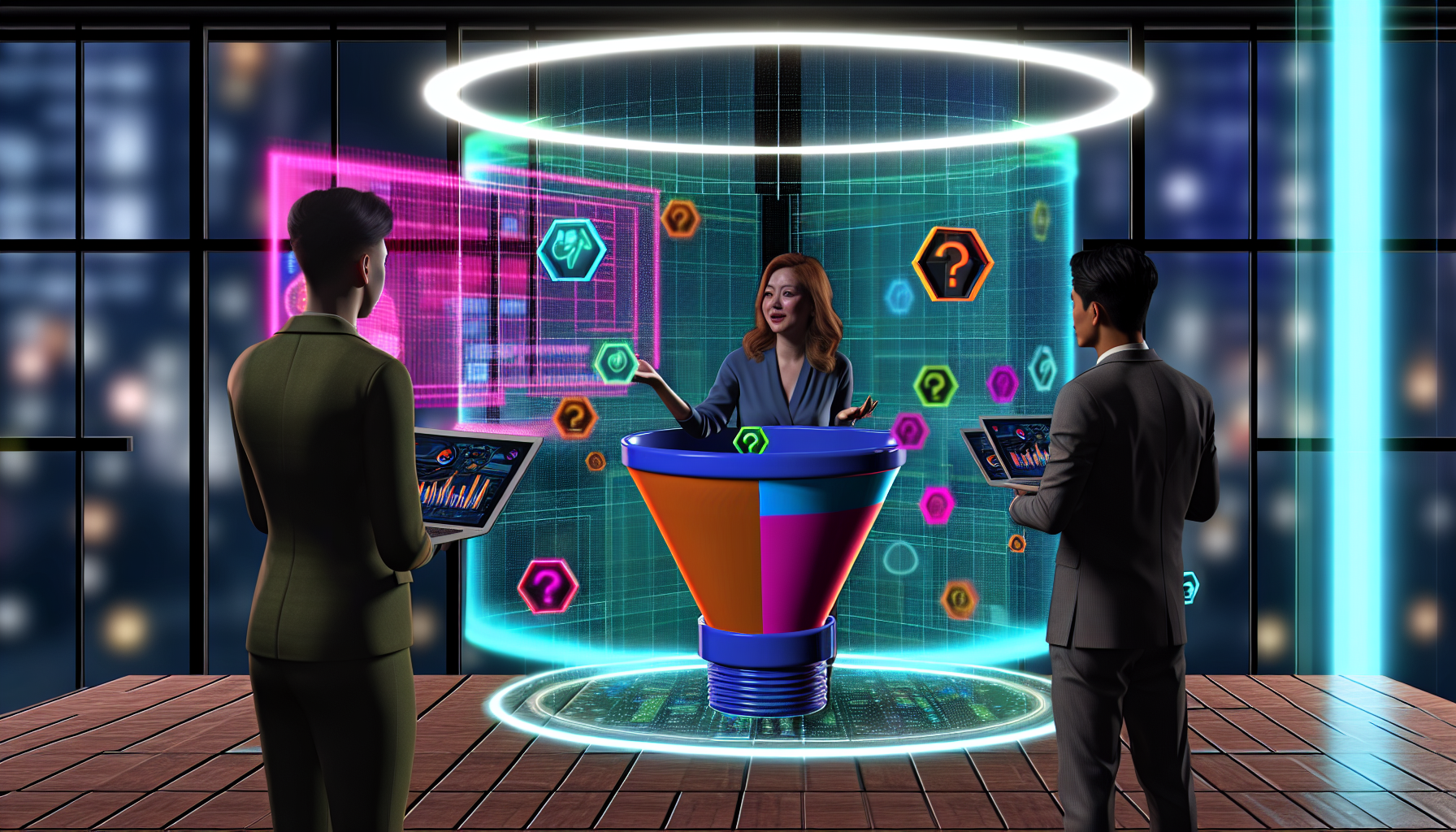 Eine Illustration, die den digitalen Verkauf von Produkten im Bereich Funnel-Marketing zeigt. Die Szene entfaltet sich in einem modernen virtuellen Raum, in dem eine kaukasische Frau, möglicherweise eine Marketing-Managerin, dabei ist, eine bunte, dreidimensionale Darstellung eines Marketing-Funnels zu erklären. Ihr südasianischer männlicher Assistent, möglicherweise ein Analyst, nutzt interaktive holografische Diagramme und Datenanalysetools. Die Umgebung ist mit Neonlichtern, digital projizierten Bildschirmen und schwebenden dreidimensionalen Symbolen ausgestattet, die den Fortschritt der Produktverkäufe anzeigen.