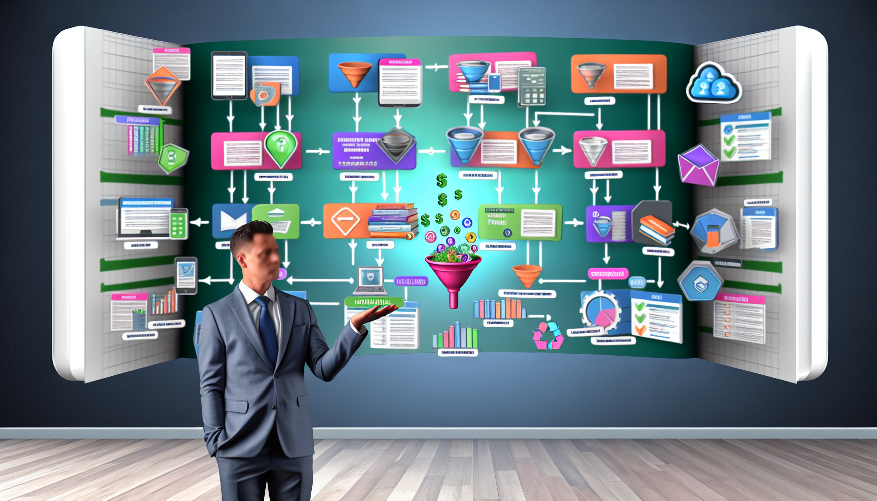Präsentation eines digitalen Marktplatzes, auf dem eine Vielzahl von digitalen Produkten im Zusammenhang mit Funnel-Marketing erhältlich ist. Er bietet zahlreiche Artikel wie E-Books, Online-Kurse, Webinare und Software-Tools. Das Design vermittelt ein Gefühl von benutzerfreundlichen Oberflächen und lebendigen Grafiken, die typischerweise mit digitalem Marketing verbunden sind. Deutlich sichtbar sind Darstellungen von Verkaufstrichtern, die die Kundenreise vom Bewusstseinsstadium bis hin zum Kauf zeigen, mit verschiedenen Marketingstrategien, die auf dem Weg angezeigt werden. Außerdem sind Illustrationen von mehreren Verkaufszahlen oder Wachstumsdiagrammen zu sehen, die die erfolgreichen Statistiken der Nutzung von Funnel-Marketing präsentieren.
