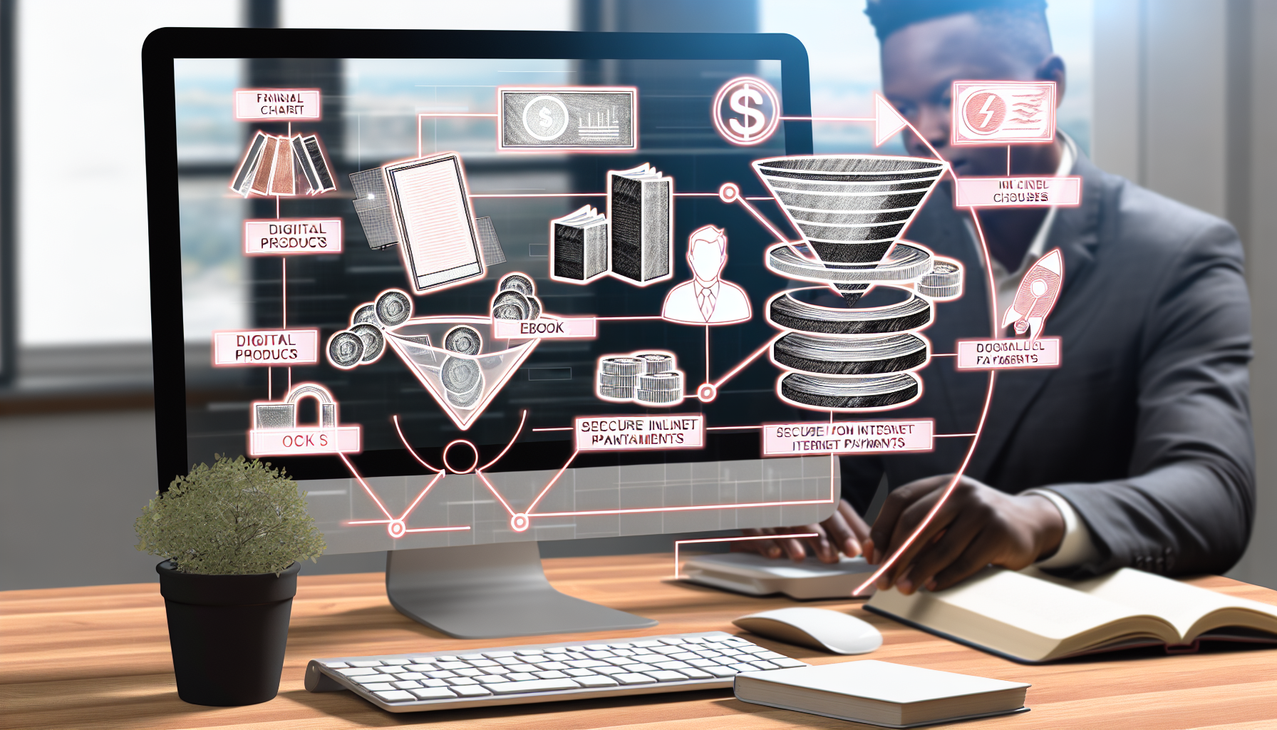 Eine Illustration, die den Verkauf digitaler Produkte im Bereich Funnel-Marketing zeigt. Das Bild fängt eine detaillierte Szene ein, die Elemente wie das Trichterdiagramm, digitale Produkte wie E-Books und Online-Kurse sowie den Transaktionsprozess mit einer Darstellung sicherer Internetzahlungen umfasst. Der Hintergrund könnte eine Büroumgebung mit einem Computer sein, in der ein kaukasischer Mann und eine schwarze Frau vertieft in den Prozess sind und diese Elemente auf einer virtuellen Benutzeroberfläche steuern.
