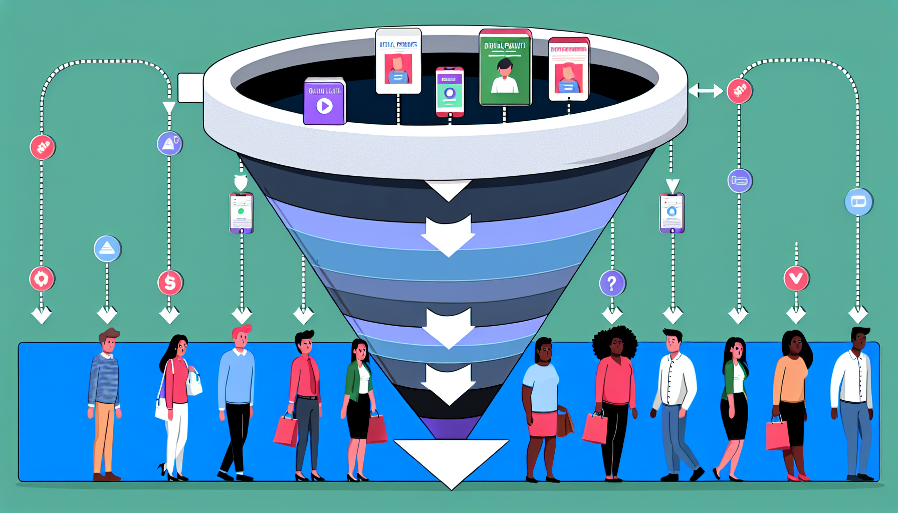 Illustration eines Konzepts für den Verkauf digitaler Produkte im Bereich Funnel-Marketing. Das Bild zeigt einen Trichter, der in mehrere Segmente unterteilt ist, wobei jedes Segment eine andere Phase des Marketingprozesses darstellt – von der Kundenbewusstheit bis zur Konversion. Digitale Produkte, symbolisiert durch Icons wie E-Books, Online-Kurse oder Software, gelangen an die Spitze des Trichters, werden schrittweise durch die Marketingphasen geleitet und von verschiedenen Personen am Ende gekauft. Die Personen sind unterschiedlichen Geschlechts und Herkunft, darunter eine südasianische Frau, ein kaukasischer Mann, eine hispanische Frau und ein schwarzer Mann, um eine vielfältige Kundenbasis zu repräsentieren.