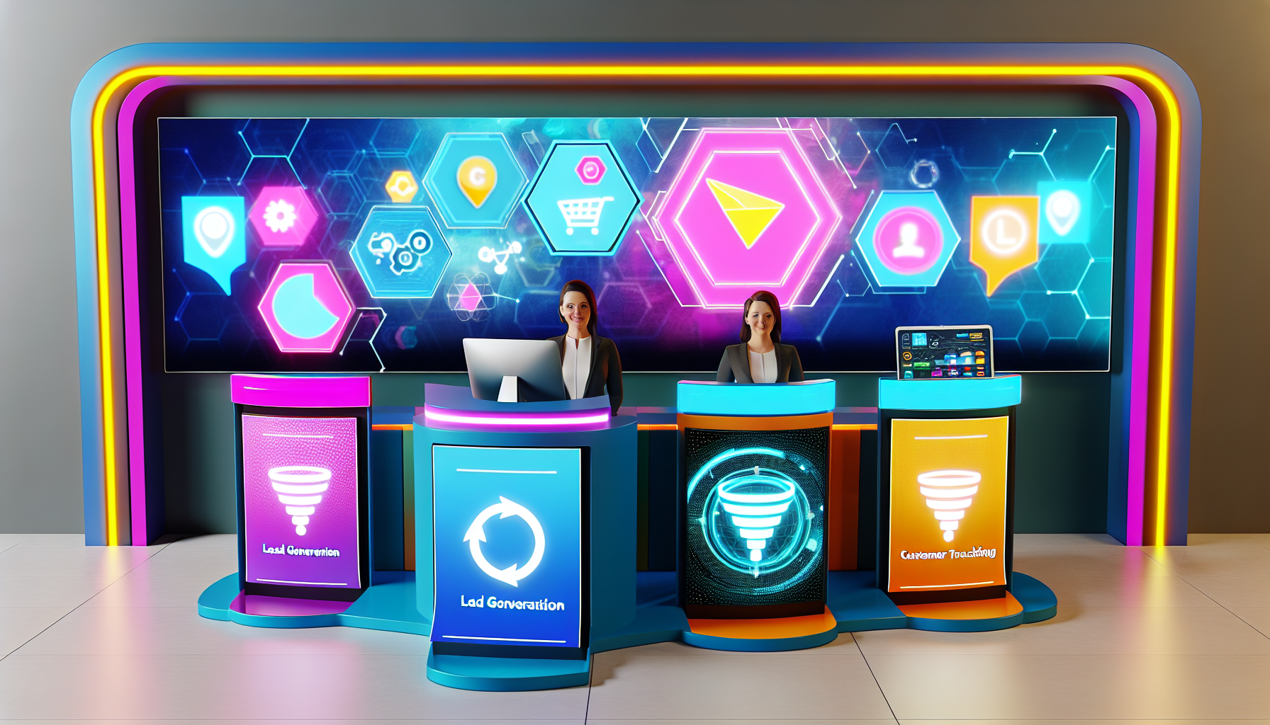 Ein virtueller Laden, der digitale Produkte im Zusammenhang mit Funnel-Marketing verkauft. Die Einrichtung ist modern und anspruchsvoll, mit hellen Farbakzenten, eleganten digitalen Bildschirmen und einer futuristischen Ästhetik. Die Hauptprodukte sind prominent platziert, jedes mit einem lebhaften grafischen Symbol, das seinen Zweck im Funnel-Marketing-Prozess kennzeichnet. Auf den Bildschirmen sehen wir abstrakte Darstellungen von Konzepten wie 'Lead-Generierung', 'Conversion', 'Kundenengagement' und 'Analyse-Tracking'. Es gibt auch einen Kundenservice-Schalter, der von einer freundlich aussehenden kaukasischen Frau besetzt ist, die bereit ist, potenziellen Kunden zu helfen.