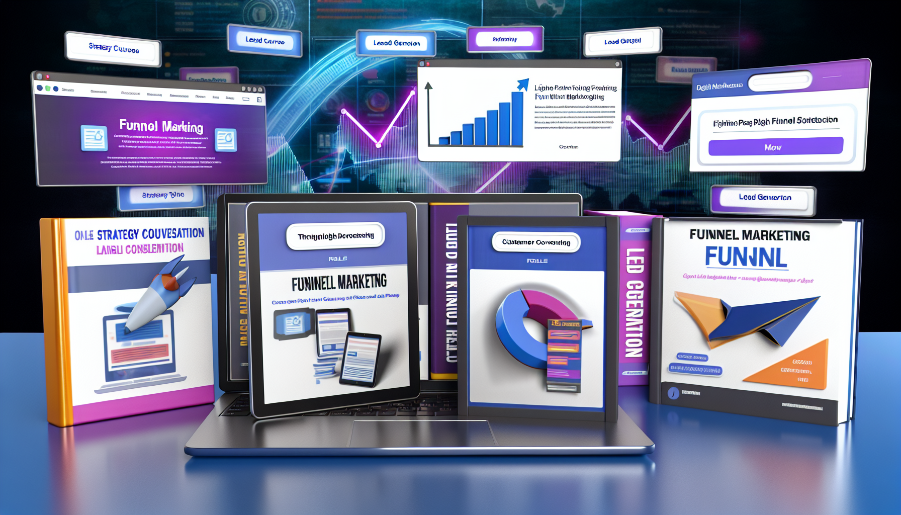 Ein Bild eines digitalen Marktplatzes, der Produkte im Zusammenhang mit Funnel-Marketing präsentiert. Man sieht eine Vielzahl von Angeboten, darunter Online-Kurse, E-Books und digitale Werkzeuge, die alle mit Strategieplanung, Lead-Generierung, Kundenkonversion und anderen Aspekten des Funnel-Marketings verknüpft sind. Der Marktplatz ist in einem eleganten, modernen Stil gestaltet, mit lebendigen Grafiken und ansprechenden Beschreibungen neben jedem Produkt. Im Hintergrund sieht man dynamische Diagramme und Grafiken, die Wachstum und Erfolg symbolisieren, ein Konzept, das eng mit effizientem Funnel-Marketing verbunden ist.