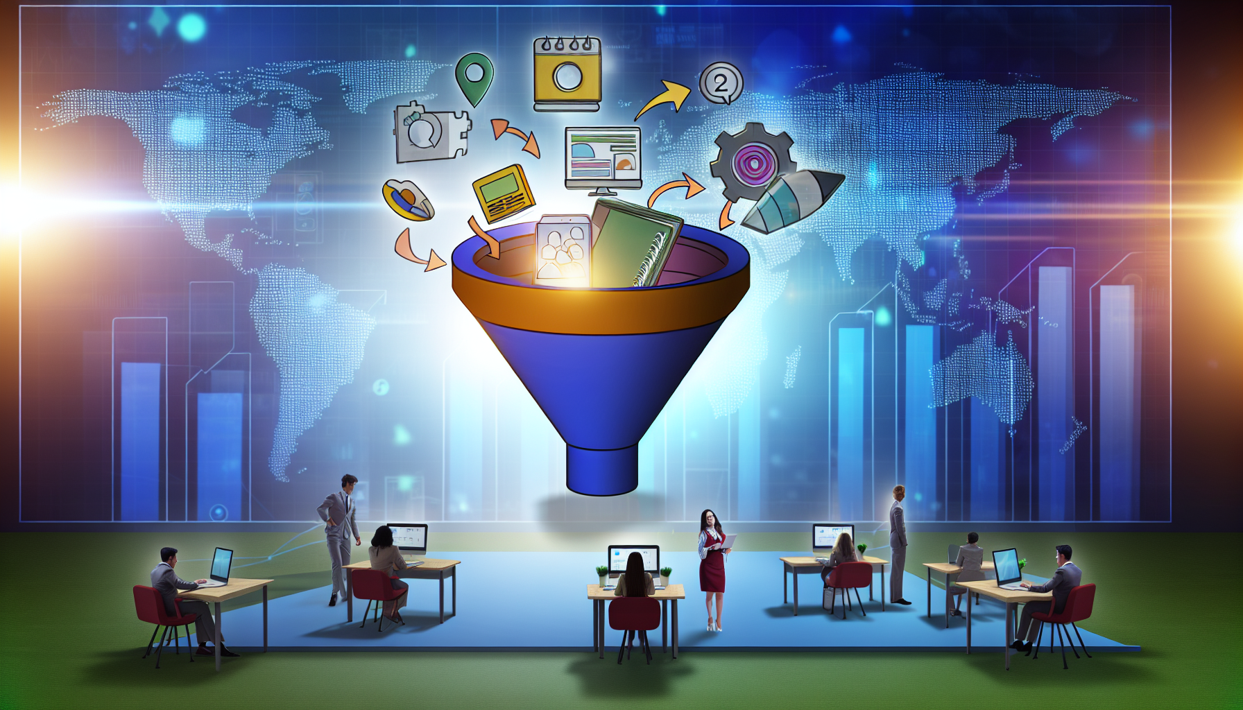 Eine Illustration, die den Verkauf von digitalen Produkten im Bereich Funnel-Marketing darstellt. Diese Szene zeigt einen großen Trichter in der Mitte, der die Marketingstrategie symbolisiert. Digitale Produkte wie E-Books, Kurse und Software-Icons gelangen von oben in den Trichter und erscheinen unten als verkaufte Produkte. Die Umgebung ist ein modernes Büro mit Computern, Diagrammen und anderen wichtigen Werkzeugen für einen Marketingarbeitsplatz, vor einem Hintergrund mit einer Weltkarte, die den globalen Geschäftsumfang anzeigt. Verkaufs- und Marketingfachleute verschiedener Geschlechter und Herkunft sind aktiv in den Prozess eingebunden.