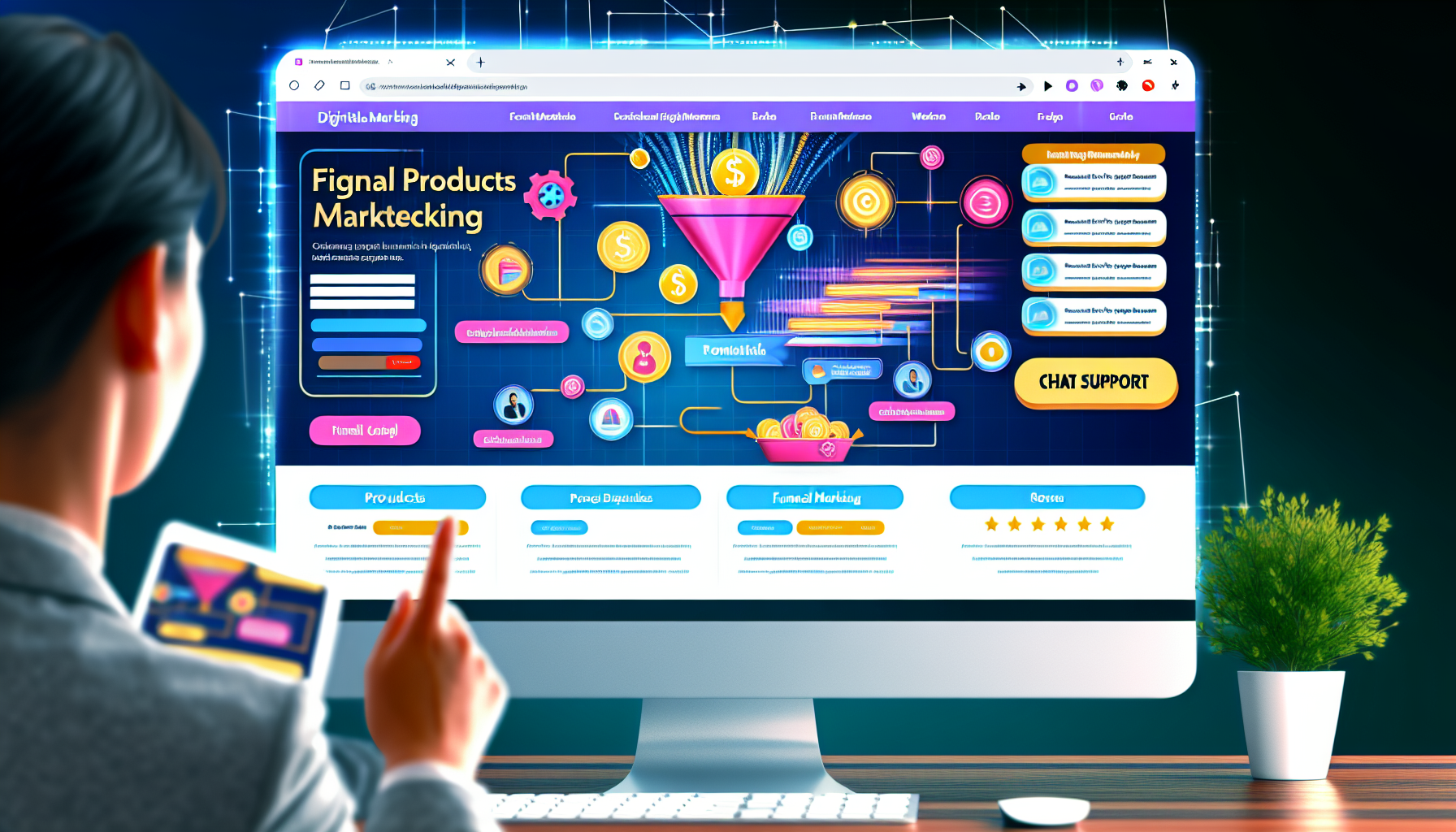 Ein Online-Marktplatz für digitale Produkte, der sich auf Funnel-Marketing konzentriert. Die Szene zeigt ein dynamisches Layout der Website mit klaren Abschnitten für Produktbeschreibungen, Bewertungen und Preise. Es gibt farbenfrohe Icons für digitale Produkte, Diagramme, die den Funnel-Marketing-Prozess an der Seite veranschaulichen, und potenzielle Kunden, die die Website durchstöbern. Eine Chat-Support-Funktion ist ebenfalls sichtbar, um den Kunden Unterstützung zu bieten. Die Website sollte eine professionelle und moderne Ausstrahlung haben, ausgestattet mit klaren Grafiken und einem benutzerfreundlichen Design.