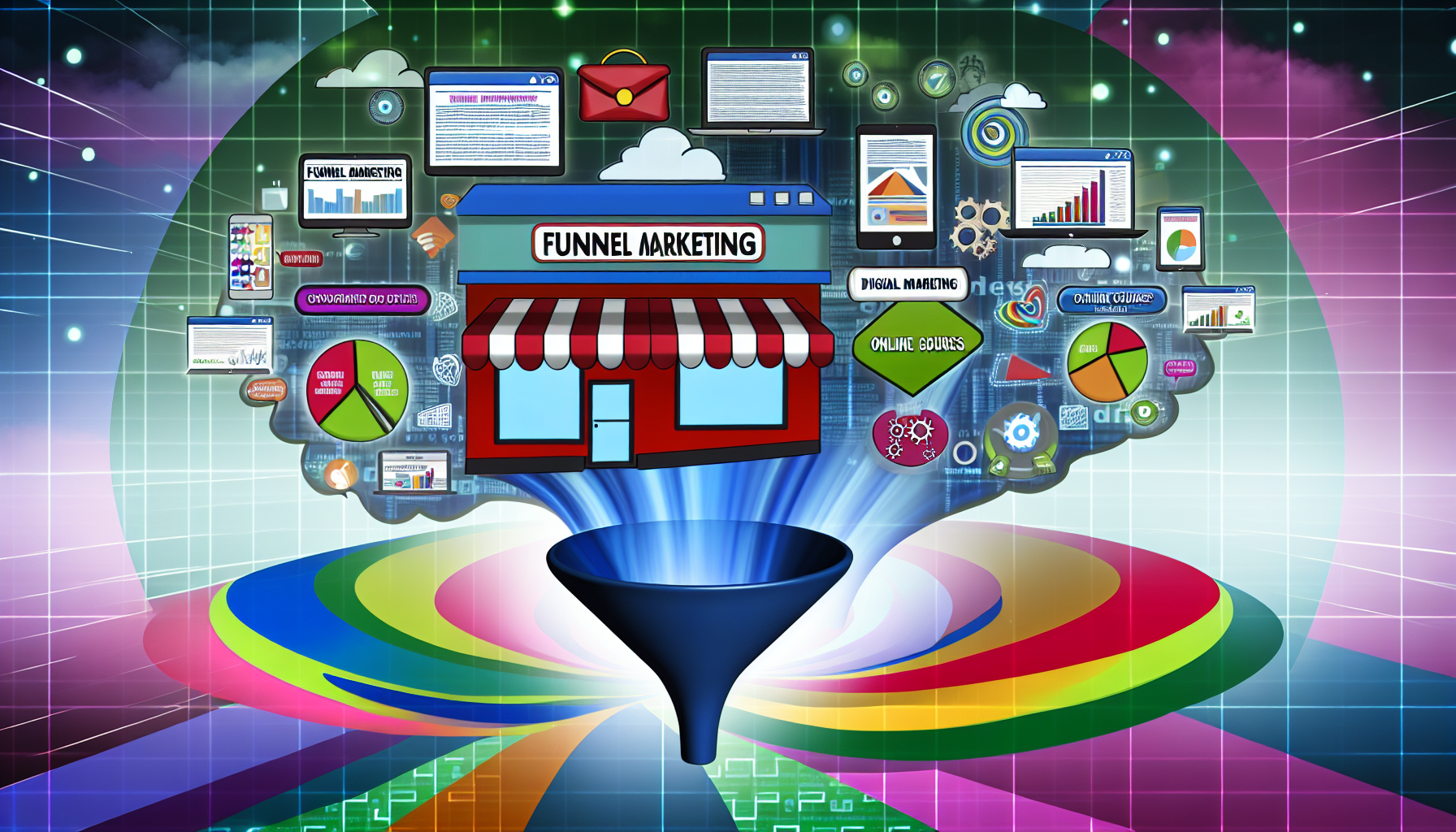 Eine dynamische und ansprechende Darstellung der digitalen Produkte, die im Bereich Funnel-Marketing zum Verkauf stehen. Visualisieren Sie einen Online-Shop, der zahlreiche interessante digitale Werkzeuge zeigt: eBooks, Online-Kurse, Vorlagen und Software, die sich auf dieses spezifische Feld konzentrieren. Diese Produkte sollten so angeordnet sein, dass sie nach unten in einen Trichter fließen, um den Konversionspfad im Funnel-Marketing zu symbolisieren. Verschiedene Elemente wie farbenfrohe Infografiken, Tortendiagramme und Wachstumsverfolgungs-Tools könnten ebenfalls dargestellt werden, um das übergreifende Thema des digitalen Marketings zu verstärken.