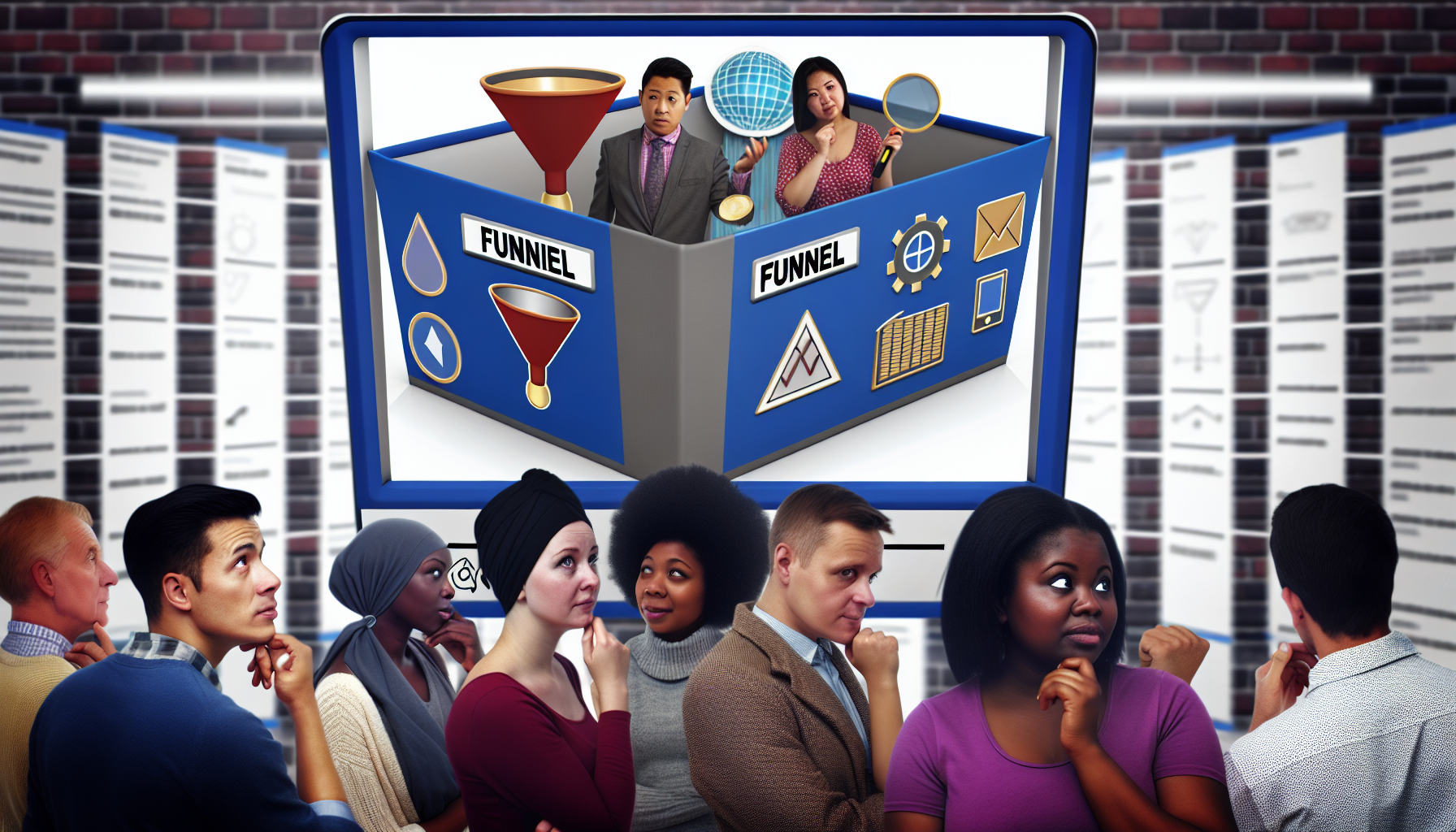 Stellen Sie sich ein elektronisches Marktplatzszenario vor, in dem digitale Produkte im Zusammenhang mit Funnel Marketing verkauft werden. Die Produkte sind als virtuelle Boxen dargestellt, die Symbole repräsentieren, die mit Funnel Marketing in Verbindung stehen, wie Trichter, Grafiken oder Internet-Symbole. nIn diesem Szenario stöbern Kunden durch diese Produkte. Eine mittelöstliche Frau betrachtet sorgfältig eine Box mit einem Trichtersymbol, während ein kaukasischer Mann begeistert eine andere Box auswählt, die eine aufsteigende Grafik zeigt. Eine schwarze Frau überlegt nachdenklich, welche Optionen sie wählen soll, während ein südasiatischer Mann ein Produkt mit einem Klick in seinen virtuellen Warenkorb legt. nDie Vielfalt der Geschlechter und Abstammungen unter den Kunden spiegelt sich in ihren Gesichtsausdrücken und Körperhaltungen wider, die Neugier und Interesse zeigen. Der Marktplatz ist lebhaft und einladend, mit bunten Boxen, die die verschiedenen digitalen Produkte präsentieren, und einer benutzerfreundlichen Oberfläche, die das Stöbern und Einkaufen zu einem angenehmen Erlebnis macht.