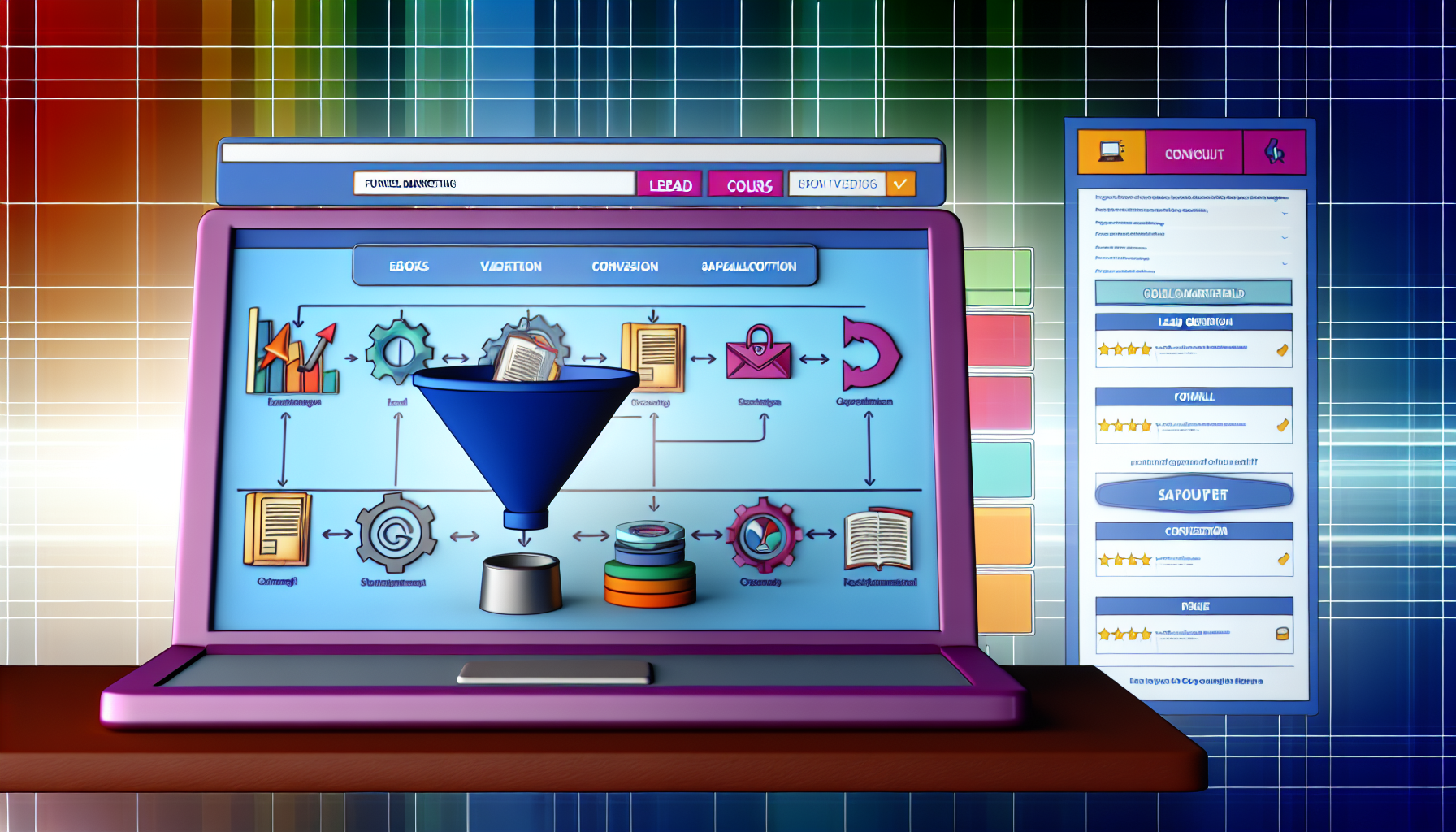 Ein Online-Marktplatz, der digitale Produkte im Bereich Funnel-Marketing präsentiert. Die Illustration zeigt eine Vielzahl von digitalen Werkzeugen wie eBooks, Videokurse und spezialisierte Software. Die Benutzeroberfläche enthält interaktive Elemente wie Einkaufswagen und Bewertungssysteme. Die Website verwendet eine Palette lebendiger Farben, um verschiedene Abschnitte und Kategorien im Funnel-Marketing darzustellen, wie z.B. Lead-Generierung, Conversion und Kundenbindung. Außerdem sollte die Darstellung den Fluss von Informationen oder Dienstleistungen durch eine Trichterform zeigen, die den Prozess der Eingrenzung potenzieller Kunden symbolisiert.