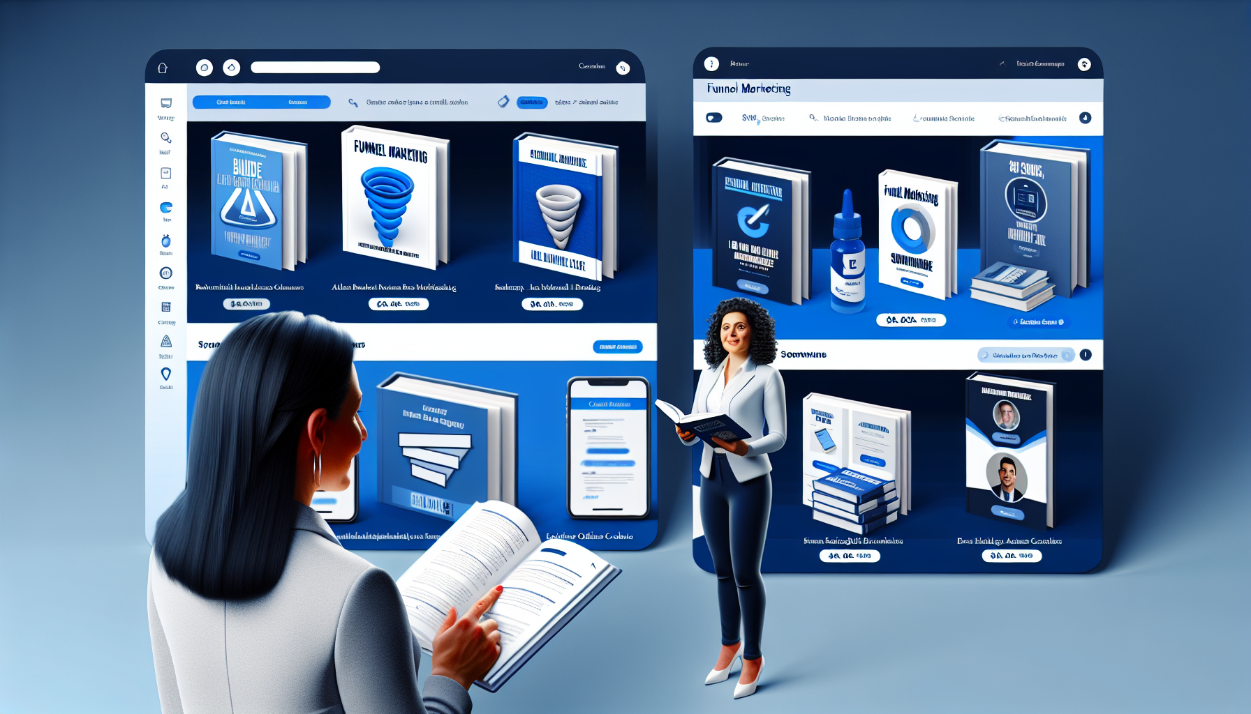 Eine E-Commerce-Plattform, die eine Vielzahl von digitalen Produkten im Bereich Funnel-Marketing präsentiert. Es gibt verschiedene Abschnitte, die E-Books, Online-Kurse und Software-Tools zeigen. Jedes Produkt wird durch ein 3D-Icon dargestellt, begleitet von prägnanten Beschreibungen, Preisen und Nutzerbewertungen. Das Farbschema ist eine Mischung aus Blau und Weiß, um Vertrauen und Einfachheit widerzuspiegeln. Einige Kunden stöbern durch die Produkte; eine hispanische Frau in professioneller Kleidung schaut sich ein E-Book an, während ein Mann aus dem Nahen Osten in legerer Kleidung an einem Online-Kurs interessiert ist.