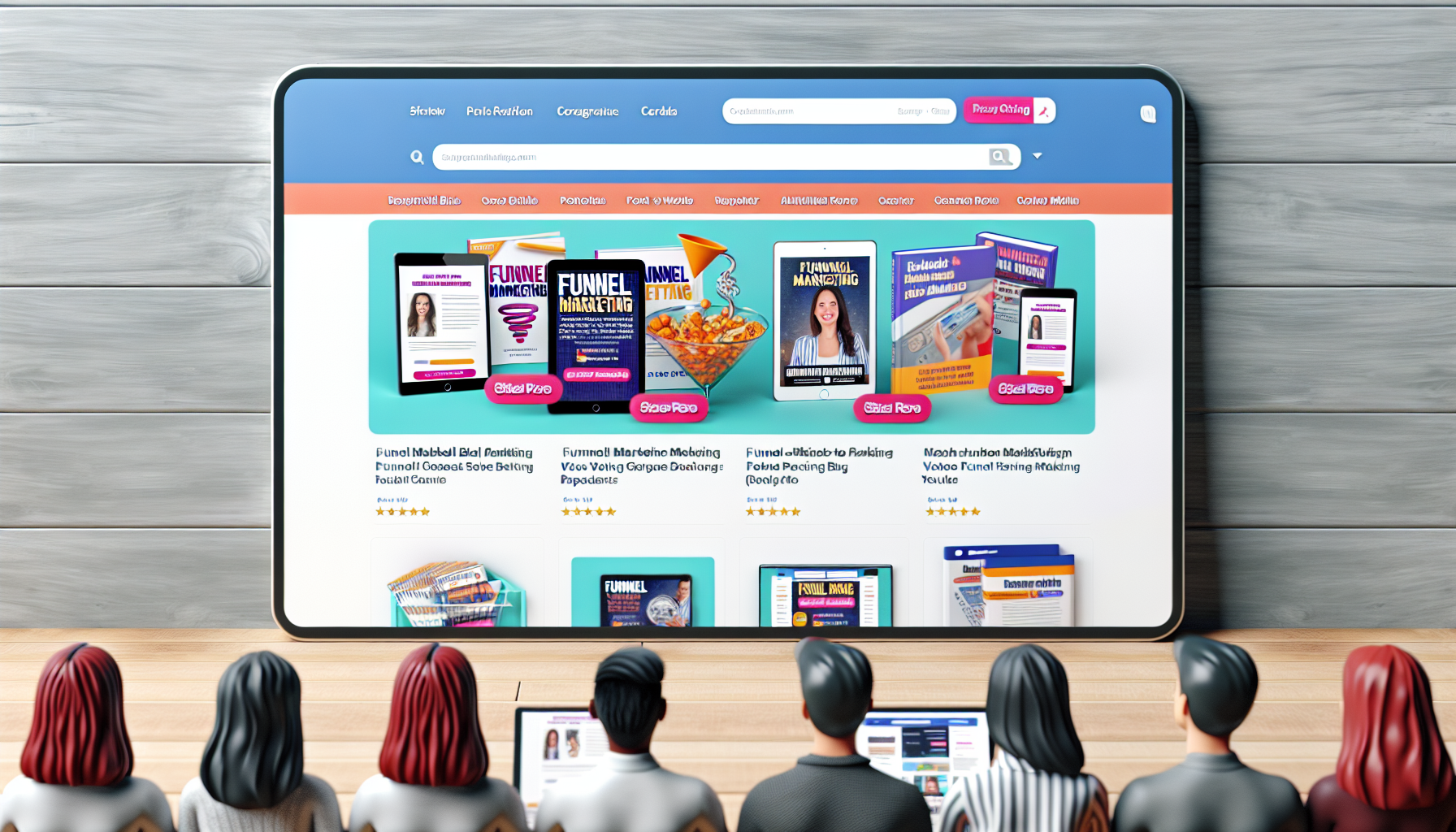 Eine E-Commerce-Website, die digitale Produkte im Zusammenhang mit Funnel-Marketing verkauft. Die Szene zeigt ein sauberes und modernes Website-Layout mit einer Navigationsleiste oben. Verschiedene Kategorien digitaler Produkte sind gut organisiert, und der Schwerpunkt liegt auf Materialien zum Funnel-Marketing. Die Artikel umfassen E-Books, Videoanleitungen und Software-Tools, die alle mit lebendigen, ansprechenden Grafiken illustriert sind. Neben jedem Produkt sind beschreibende Texte und Preisschilder zu sehen. Besucher der Website interagieren mit den Inhalten, wobei Darstellungen von Menschen verschiedener Geschlechter und Abstammungen, wie einer mittelöstlichen Frau und einem kaukasischen Mann, Artikel in ihre Einkaufswagen legen und Bewertungen abgeben.