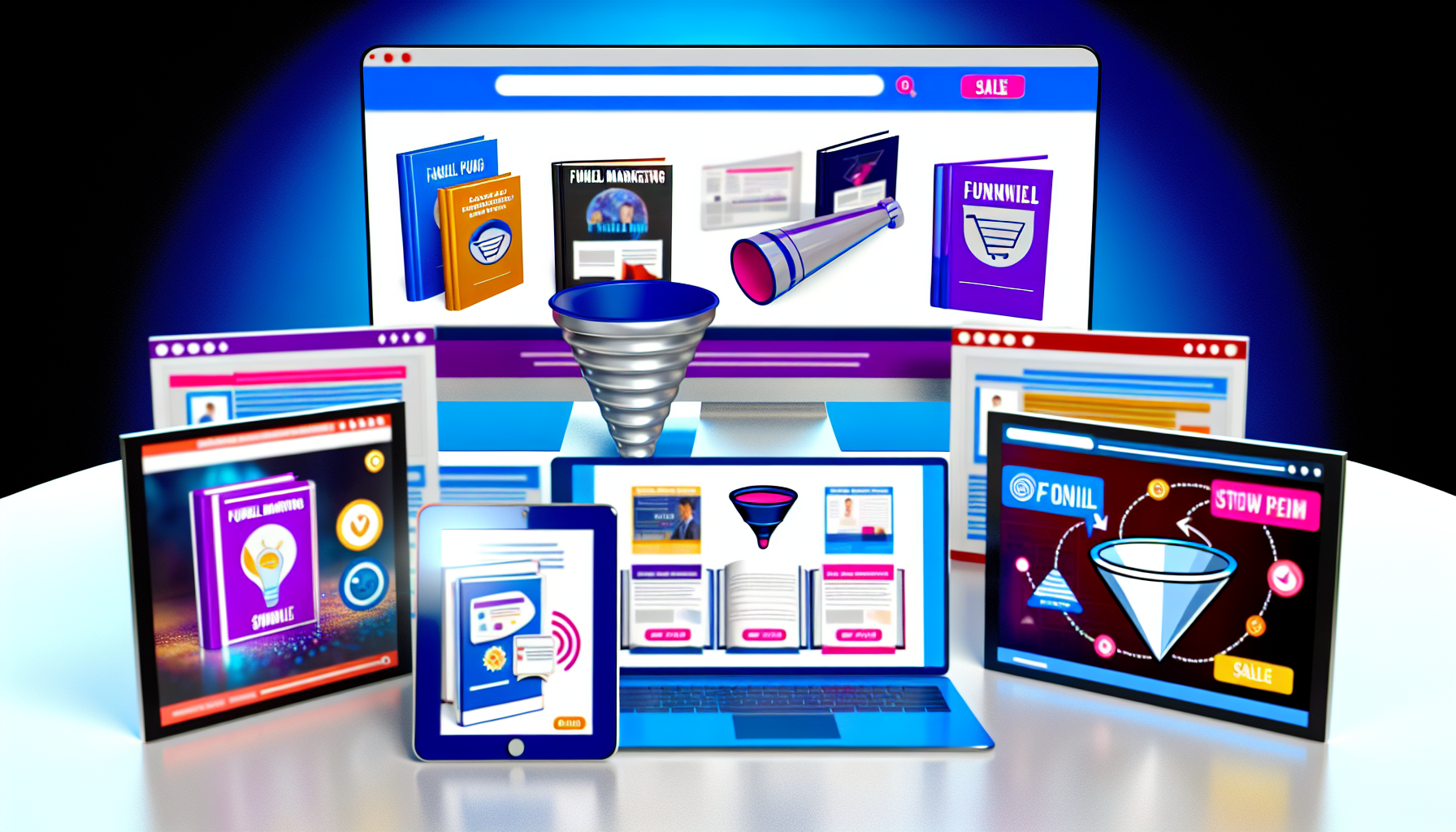 Eine Vielzahl von digitalen Produkten für Funnel-Marketing ist im Angebot. Dazu gehören eBooks, Online-Kurse und Software-Tools. Das Bild zeigt Bildschirme, die diese Produkte anzeigen, einen digitalen Einkaufswagen und eine Funnel-Grafik, die die Marketingstrategie symbolisiert. Der Stil ist modern und technologieorientiert. Die Farbpalette ist lebhaft und zeigt die Energie und Kreativität, die im Funnel-Marketing stecken.