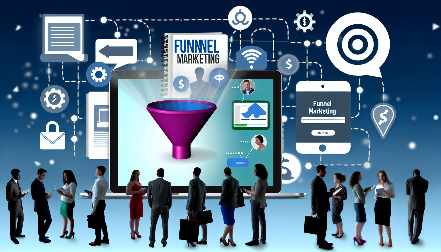 Ein Online-Digitalmarktplatz, der verschiedene Produkte im Zusammenhang mit Funnel-Marketing präsentiert. Es gibt symbolische Darstellungen von eBooks, Online-Kursen und Software-Tools. An der Seite ist eine Trichtergrafik zu sehen, die die Marketingstrategie symbolisiert. Menschen verschiedener Geschlechter und Herkunft sind mit dem Kaufen und Verkaufen beschäftigt und zeigen eine vielfältige Kundschaft, die an digitalem Marketing interessiert ist.