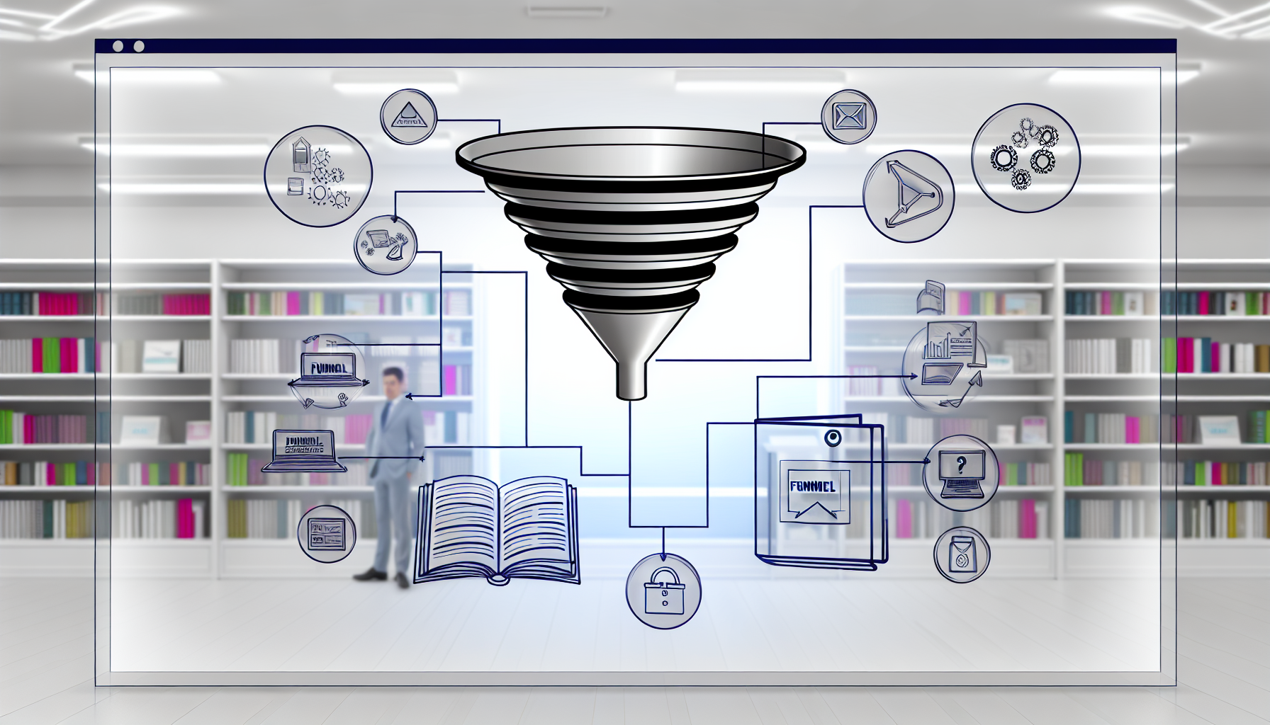 Darstellung eines digitalen Shops, der Produkte im Bereich Funnel-Marketing verkauft. Präsentation mit verschiedenen digitalen Artikeln wie E-Books, Online-Kursen und Software, die sich auf Funnel-Marketing-Strategien beziehen. Betonen Sie die Modernität der digitalen Umgebung und heben Sie die schematischen Diagramme hervor, die Trichter symbolisieren und das Konzept darstellen, Verbraucher durch die Phasen Interesse, Entscheidung und Handlung zu leiten.