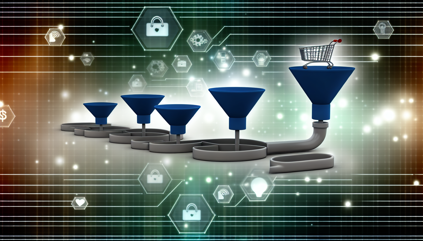 Eine visuelle Darstellung des digitalen Verkaufs von Produkten im Bereich Funnel-Marketing. Das Bild zeigt mehrere miteinander verbundene Trichter, die die Kundenreise von der Wahrnehmung bis zur Konversion symbolisieren. Ein virtueller Warenkorb am Ende der Reise steht für den Verkauf. Diese gesamte Szene ist vor dem Hintergrund einer digitalen Plattform angeordnet.