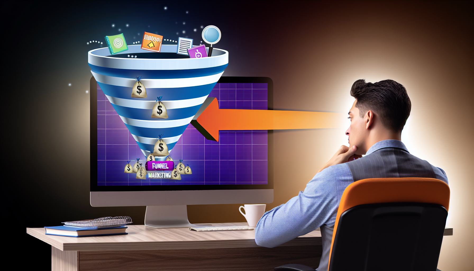 Ein Bild, das den Verkauf digitaler Produkte im Bereich Funnel-Marketing veranschaulicht. Die Szene zeigt einen kaukasischen Mann an seinem Schreibtisch im Büro, der am Computer arbeitet, um erfolgreiche Funnel-Marketing-Strategien zu entwickeln und umzusetzen. Ein ikonisches 'Funnel'-Diagramm wird auf dem Computerbildschirm angezeigt, das den Übergang von potenziellen Kunden zu tatsächlichen Verbrauchern digitaler Produkte symbolisiert, insbesondere im Hinblick auf Funnel-Marketing. Außerdem gelangen eine Reihe von digitalen Produkten, darunter E-Books, Webinare und Online-Kurse, die jeweils als Ikone dargestellt sind, in den oberen Teil des Funnels.
