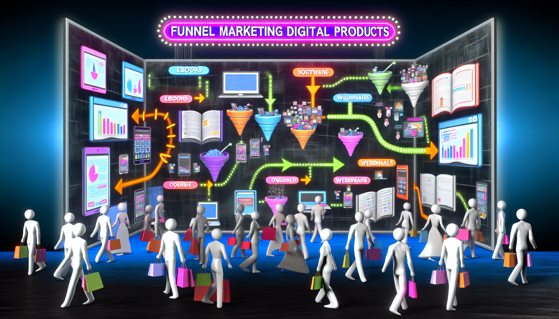 Eine digitale Marktplatzszene, in der verschiedene digitale Produkte im Zusammenhang mit Funnel-Marketing verkauft werden. Stellen Sie sich das geschäftige Treiben einer lebhaften E-Commerce-Plattform vor, die mit zahlreichen theoretischen Waren gefüllt ist – E-Books, Software, Webinare, Online-Kurse – jede mit auffälligen Thumbnails und verlockenden Beschreibungen. Die Käufer werden durch vielfältige, abstrakte Personifikationen dargestellt, die durch das Angebot stöbern. Ein Neon-Schild oben zeigt den Titel 'Digitale Produkte für Funnel-Marketing'. Infografiken und Diagramme, die den Fluss von Marketing-Funnels anzeigen, sind in die Szenerie integriert, mit gepunkteten Linien, die die Kundenreisen orchestrieren.