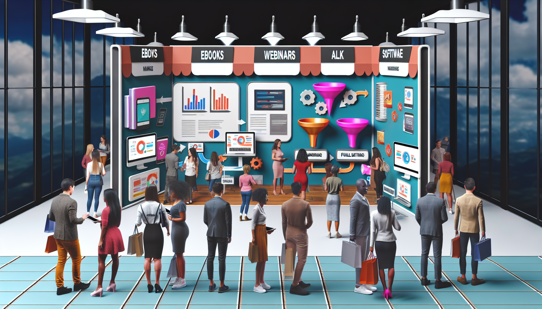 Eine Marktszene, die den Verkauf von digitalen Produkten im Zusammenhang mit Funnel-Marketing beschreibt. Die Marktstände sind gefüllt mit symbolischen Darstellungen von eBooks, Online-Kursen, Webinaren und Software, die alle das Thema Funnel-Marketing umkreisen. Die Käufer, bestehend aus Männern und Frauen verschiedener Abstammungen wie Kaukasier, Hispanics, Schwarze, Menschen aus dem Nahen Osten und Südasien, beschäftigen sich mit den digitalen Produkten, während Vermarkter deren Wert demonstrieren. Die Szene hat eine moderne, technologische Atmosphäre mit digitalen Bildschirmen, die Grafiken, Diagramme und Verkaufstrichter anzeigen.