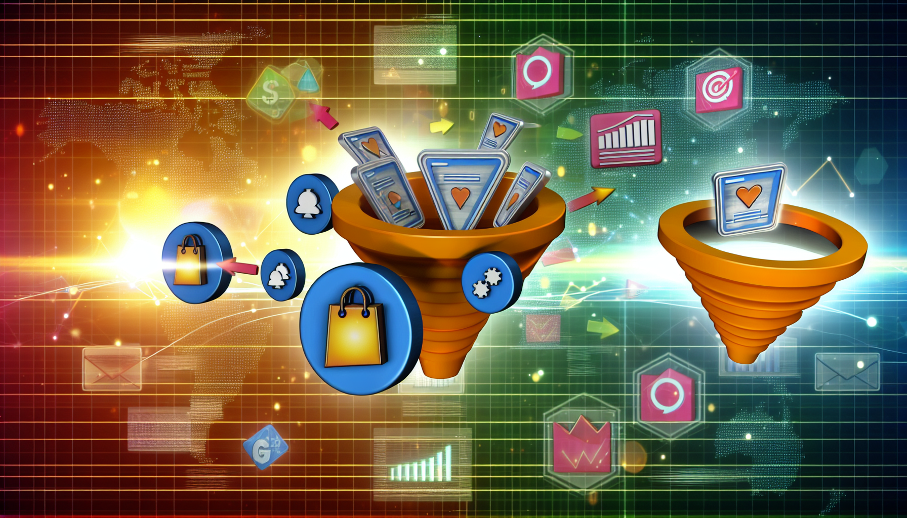 Eine kreative Visualisierung von digitalen Produkten, die im Bereich Funnel-Marketing verkauft werden. Stellen Sie sich mehrere digitale Icons vor, die Online-Produkte symbolisieren und alle in eine bestimmte Richtung ausgerichtet sind, die den Trichter repräsentiert. Um diese Szene herum befinden sich verschiedene Elemente des digitalen Marketings wie Grafiken, Statistiken und Symbole für Kundenengagement. Das Farbschema ist hell und lebhaft und vermittelt ein Gefühl von Innovation, Energie und Fortschritt.