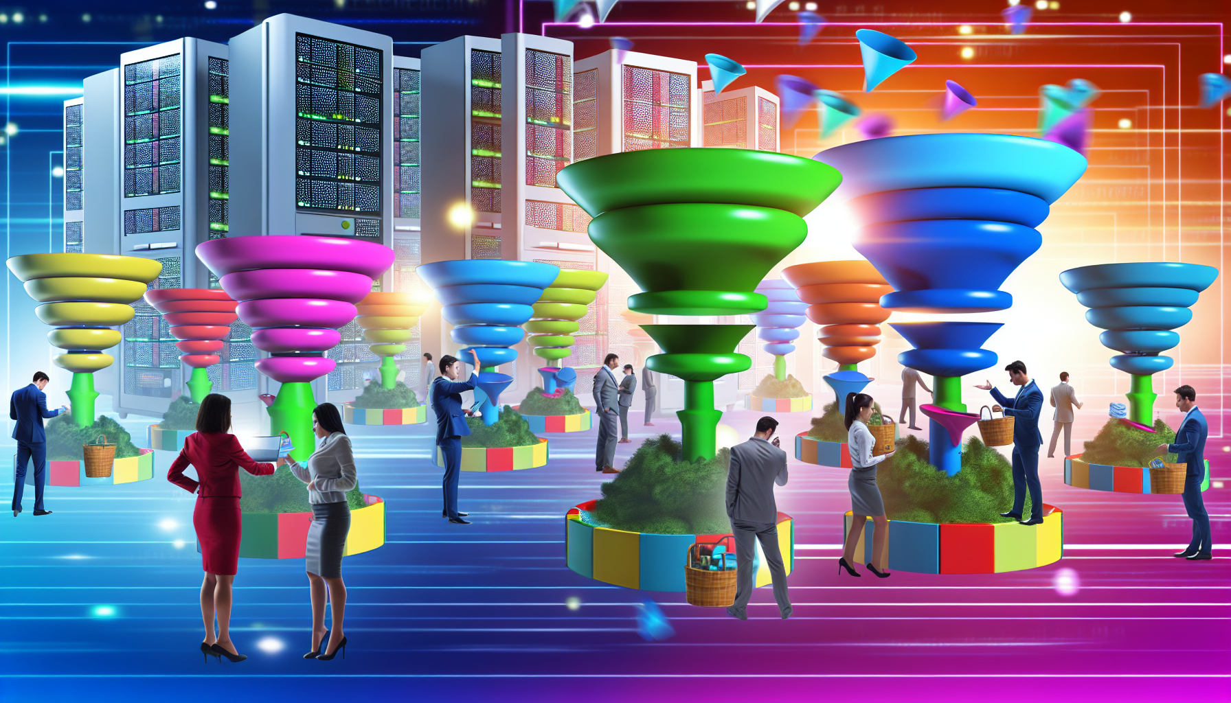 Eine Szene eines digitalen Marktes, der Produkte für Funnel-Marketing verkauft. Verschiedene Verkäufer sind beschäftigt, ihre Waren anzupreisen, während Kunden interessiert die Optionen durchstöbern. Die Produkte werden als bunte, mehrschichtige Trichter dargestellt, die den systematischen Ansatz zur Gewinnung, Umwandlung und Bindung von Kunden symbolisieren. Im Hintergrund gibt es eine Reihe von Servern, die die digitale Natur der Produkte repräsentieren. Es ist eine lebendige und dynamische Umgebung, die das energetische Tempo der digitalen Marketingbranche widerspiegelt.
