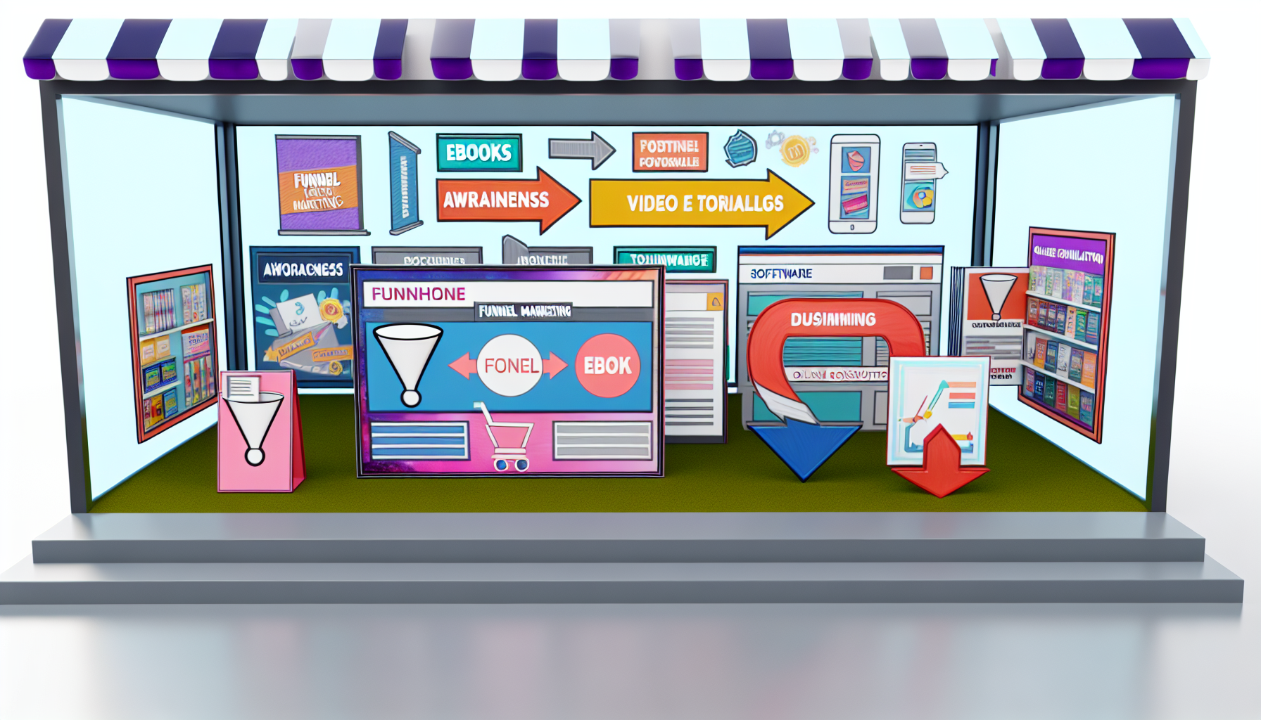 Die Anzeige eines digitalen Geschäfts, das Produkte im Zusammenhang mit Funnel-Marketing verkauft. Dies umfasst verschiedene Grafiken und Illustrationen, die zeigen, wie ein potenzieller Verbraucher durch den Funnel-Prozess geleitet wird, beginnend mit Bewusstsein und Interesse, gefolgt von Entscheidungsfindung und Konversion. Darstellungen von eBooks, Video-Tutorials, Software und Online-Beratungdiensten sind abgebildet. Die gesamte Szene ahmt ein lebendiges und ansprechendes Online-Shopping-Erlebnis nach und zeigt die moderne eCommerce-Landschaft.