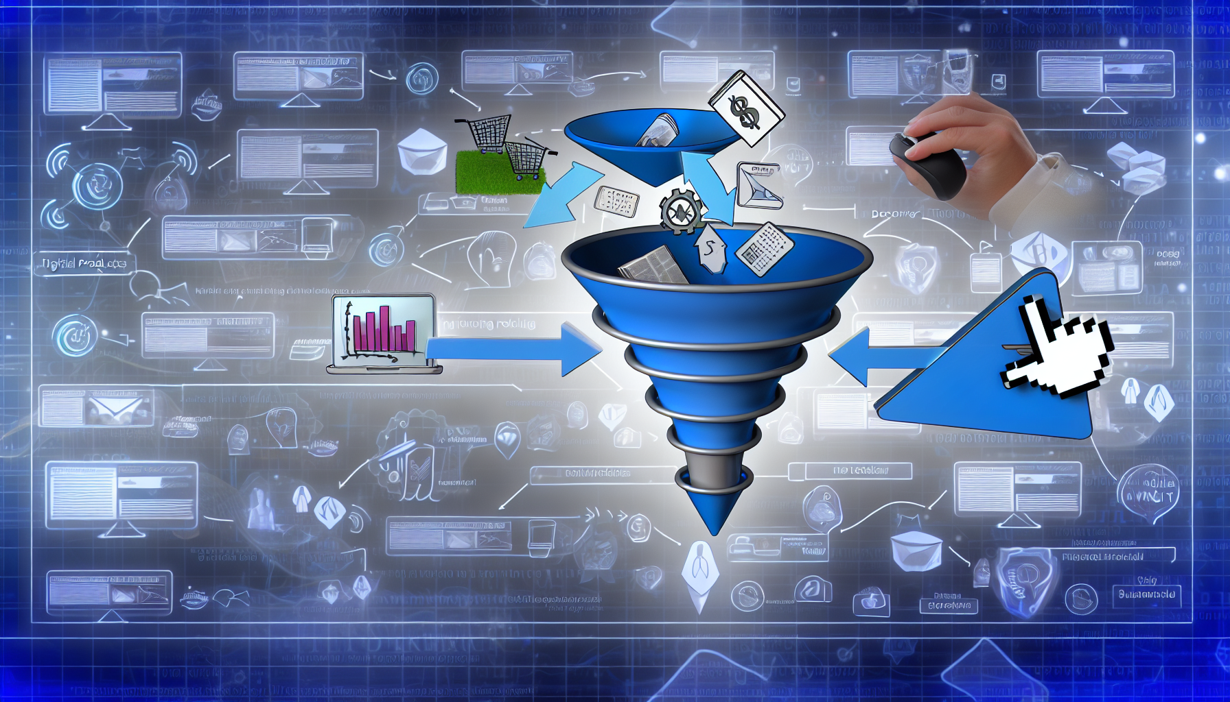 Eine Visualisierung des Konzepts des Verkaufs digitaler Produkte im Bereich Funnel-Marketing. Das Bild zeigt die Phasen eines Marketing-Funnels, durch den digitale Produkte wie eBooks, Online-Kurse und Video-Tutorials fließen. Im oberen Teil des Funnels entdecken potenzielle Kunden die Produkte. Während der Funnel sich verjüngt, treffen die Kunden Entscheidungen und kaufen schließlich die digitalen Waren. Der Hintergrund ist mit digitalen Web- und Marketing-Elementen gefüllt, wie Website-Icons, Einkaufswagen und Mauszeigern.