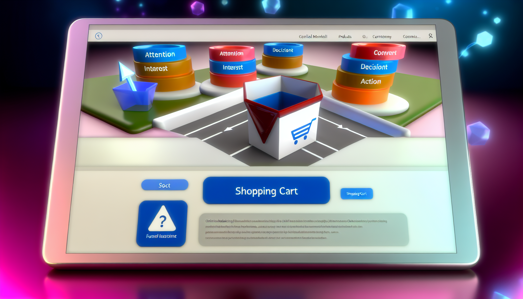 Eine E-Commerce-Plattform, die digitale Produkte im Bereich Funnel-Marketing verkauft. Die Seite zeigt verschiedene Produkte, die mit Online-Marketing in Verbindung stehen, mit einem Fokus auf Funnel-Strategien. Jedes Produkt wird durch eine 3D-Box dargestellt, die den Produkttitel, die Merkmale und die Kosten anzeigt. Im Hintergrund könnte eine abstrakte Darstellung eines Verkaufstrichters zu sehen sein, die den Weg von einem potenziellen Kunden zu einem Käufer zeigt und mehrere Phasen wie Aufmerksamkeit, Interesse, Entscheidung und Handlung hervorhebt. Ein Einkaufswagen-Symbol steht für Kunden zur Verfügung, die an dem Kauf der digitalen Produkte interessiert sind.