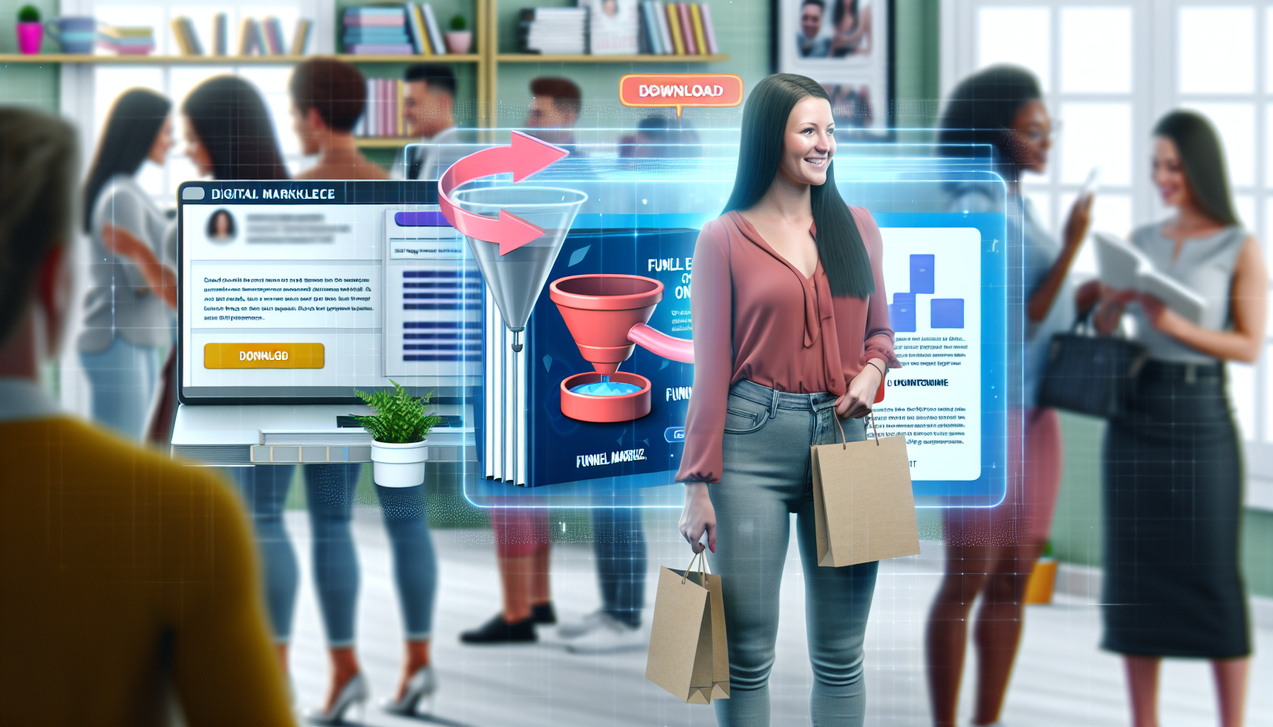Illustration eines digitalen Marktplatzes mit verschiedenen digitalen Produkten wie E-Books, Online-Kursen und Software im Zusammenhang mit Funnel-Marketing. Die Szene zeigt eine kaukasische Frau, die erfolgreich ihre Transaktion auf einer transparenten holografischen Benutzeroberfläche abschließt, auf der der Download ihres Kaufs angezeigt wird. Im Hintergrund stöbern auch andere Käufer unterschiedlicher Ethnien und Geschlechter und tätigen Käufe.