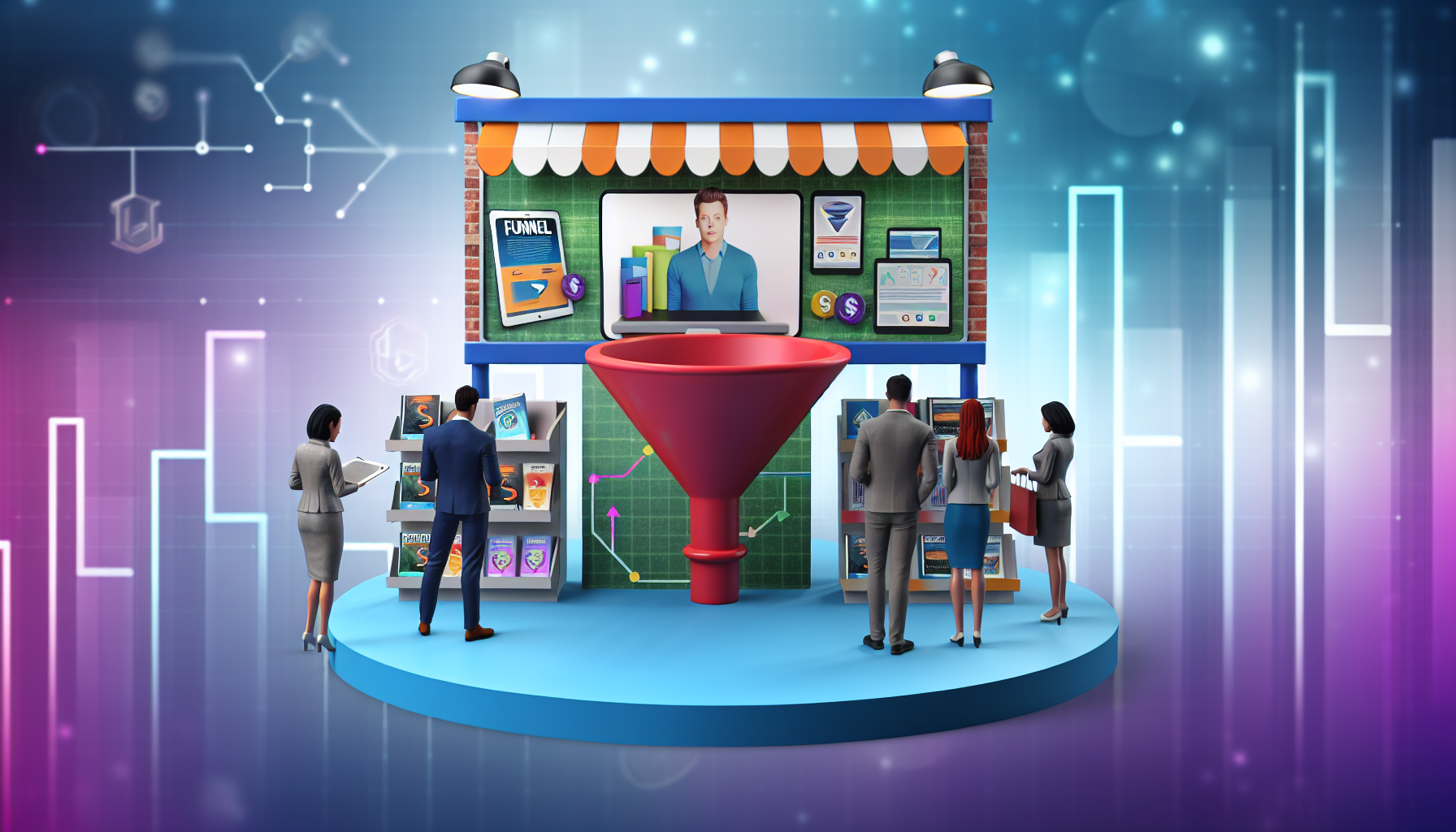 Eine Darstellung eines digitalen Marktplatzes, auf dem Produkte im Zusammenhang mit Funnel-Marketing verkauft werden. Es gibt einen zentralen Stand, der verschiedene digitale Produkte präsentiert, wie E-Books, Online-Kurse und Software-Dienstleistungen, die alle das Thema Funnel-Marketing behandeln. Käufer stöbern durch diese Artikel, und ein Verkäufer ist da, um zu helfen und die Funktionen jedes Produkts zu erklären. Im Hintergrund gibt es eine abstrakte Darstellung eines Marketing-Funnels, die die Reise der Zielgruppe von der Wahrnehmung bis zum Kauf symbolisiert.