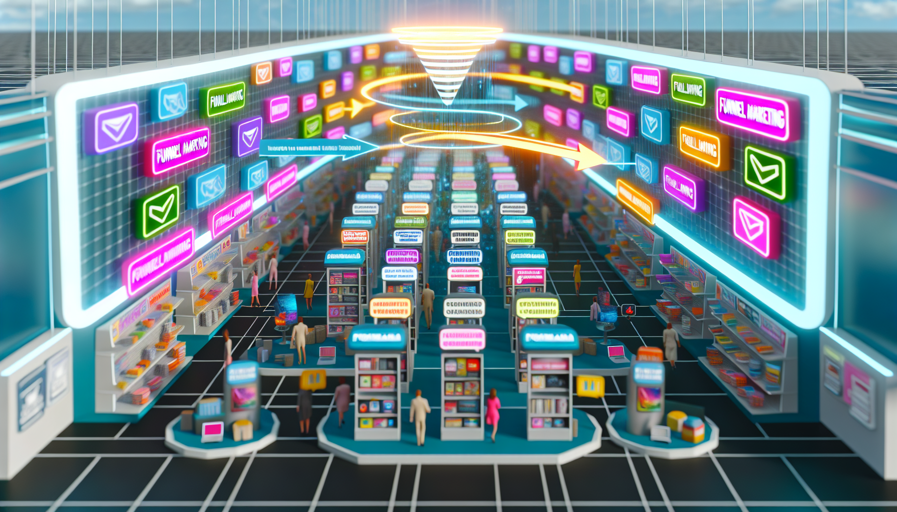 Ein digitaler Marktplatz für Funnel-Marketing-Produkte. Die Szene zeigt einen modernen virtuellen Basar, der ordentlich in verschiedene Abschnitte unterteilt ist. Jeder Abschnitt beherbergt eine Vielzahl elektronischer Produkte, die sich auf verschiedene Aspekte des Funnel-Marketings konzentrieren. Dazu gehören E-Books, Video-Tutorials, Software-Tools und Beratungsdienste. Bunte Neonlichter, die über jedem Abschnitt hängen, leiten die Besucher durch den weitläufigen, innovativen Marktplatz. Aktivität ist sichtbar durch die symbolische Darstellung von Datenübertragung und sofortigen Transaktionen, die den lebhaften Verkauf und Kauf demonstrieren. Ausgeführt im modernen abstrakten Kunststil mit leuchtenden und kräftigen Farben.