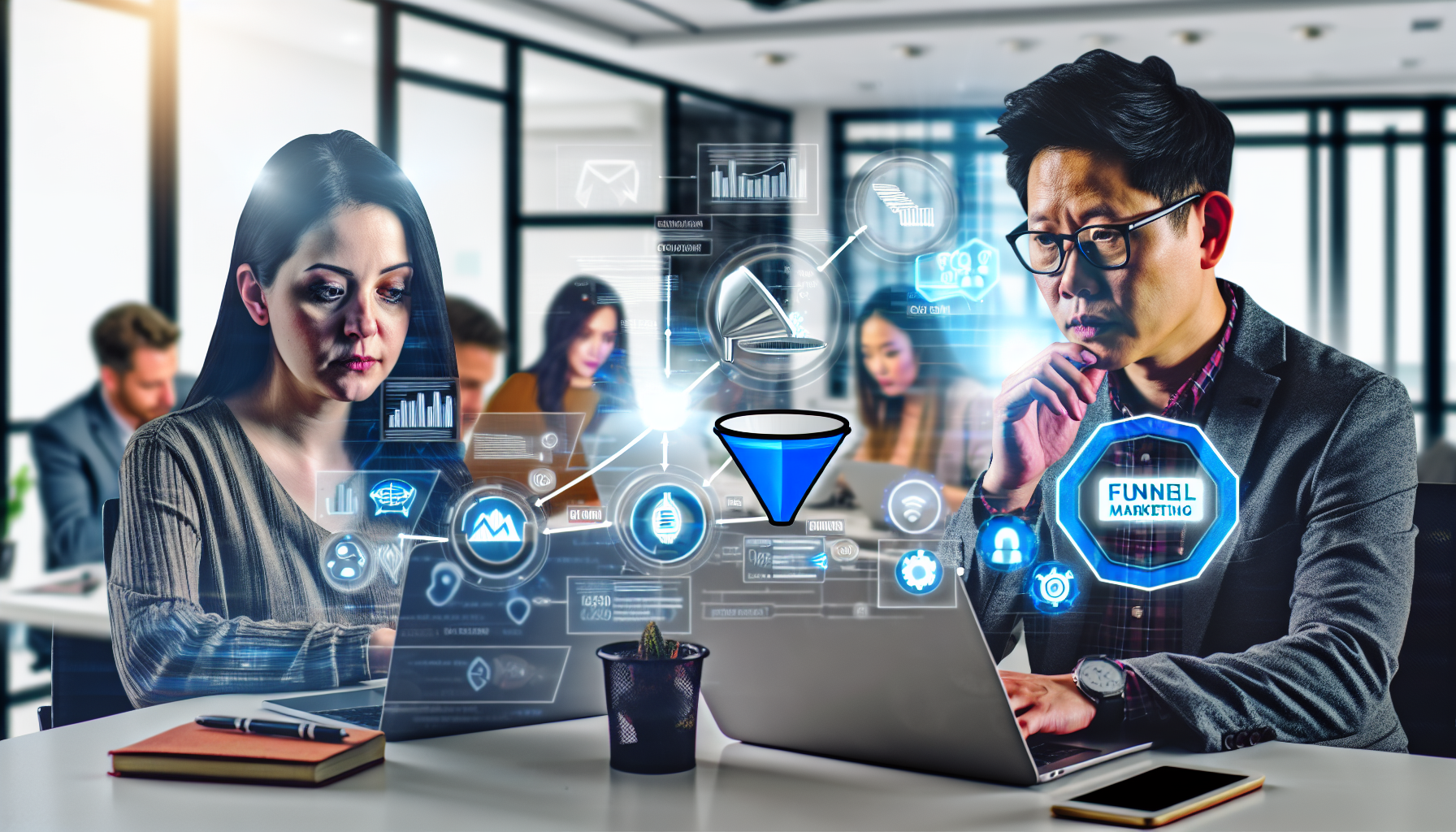 Ein Bild, das das Konzept des Verkaufs digitaler Produkte im Bereich Funnel-Marketing darstellt. Das Szenario zeigt eine moderne Büroumgebung mit einer vielfältigen Gruppe von Fachleuten, die aktiv arbeiten. Eine kaukasische Frau und ein asiatischer Mann konzentrieren sich auf ihre Laptop-Bildschirme, die umfassende Diagramme zum Funnel-Marketing zeigen. Auf einem anderen Bildschirm wird ein digitales Produkt angezeigt. Einige Gegenstände, die mit digitalem Marketing in Verbindung stehen, wie ein Wachstumsdiagramm, SEO-Metriken und Symbole für soziale Medien, sind im Arbeitsbereich verstreut.