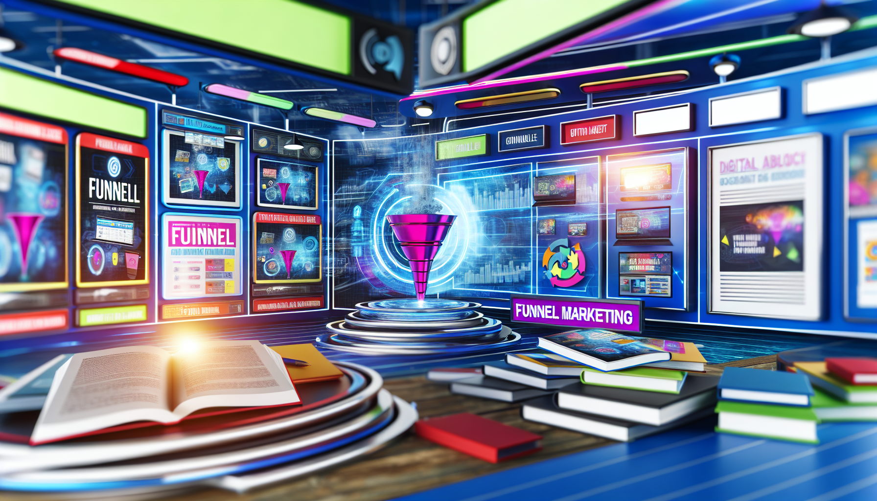 Ein lebendiger und ansprechender digitaler Marktplatz, der sich auf den Verkauf digitaler Produkte im Bereich Funnel-Marketing konzentriert. Die Szene umfasst eine Vielzahl von Infografiken, Online-Tools, eBooks und Schulungsmodulen, die auf ultra-modernen, futuristischen Bildschirmen angezeigt werden. Die Atmosphäre ist effizient und innovativ und zeigt das geschäftige Treiben und die Vitalität der digitalen Marketingwelt. Interaktive Elemente und dynamische Datenströme repräsentieren Echtzeit-Transaktionen und Kundenengagement.