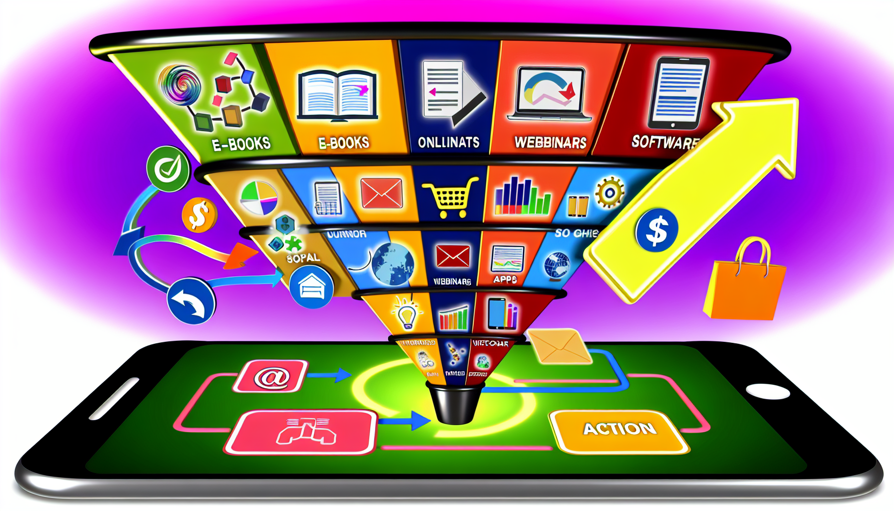 Illustration des Verkaufs digitaler Produkte im Bereich Funnel-Marketing. Zeigen Sie eine Vielzahl digitaler Produkte – E-Books, Online-Kurse, Webinare, Apps und Software – die in einen symbolischen digitalen Einkaufswagen auf einer lebhaften Touchscreen-Oberfläche fließen. Fügen Sie Darstellungen von Marketingstrategien wie Social-Media-Icons, SEO-Diagrammen und E-Mail-Symbolen in das Bild ein. Machen Sie deutlich, dass die Produkte Teil eines strukturierten Marketing-Funnels sind, von der Produktbewusstheit über Interesse und Entscheidung bis hin zur Aktionsphase, wobei jede Phase visuell dargestellt wird. Platzieren Sie ein Emoticon neben dem Einkaufswagen, das die Kundenzufriedenheit nach dem Kauf symbolisiert.