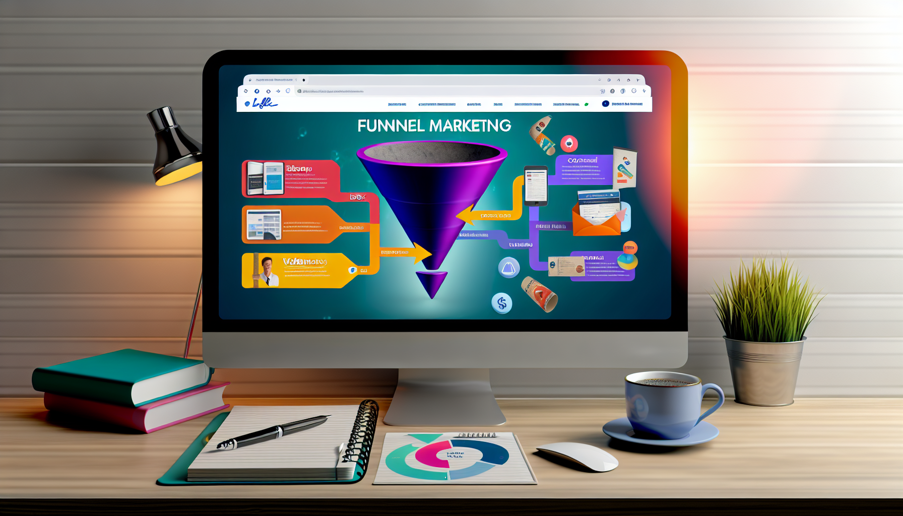 Ein Bild, das den digitalen Verkauf von Produkten im Bereich Funnel-Marketing darstellt. Eine gut gestaltete Website mit einer reibungslosen, benutzerfreundlichen Oberfläche wird auf einem Computerbildschirm angezeigt. Der Marketing-Funnel, lebhaft und dynamisch, veranschaulicht die Phasen der Kundenreise, die zu Verkäufen führen. Auf der einen Seite gibt es eine visuelle Darstellung verschiedener digitaler Produkte im Zusammenhang mit Funnel-Marketing – eBooks, Kursmaterialien, Webinare usw. Dieses Setup befindet sich in einem modernen Arbeitsbereich, der die digitale Marketingatmosphäre vermittelt; eine Tasse Kaffee, ein Notizblock mit Ideen, ein eleganter Stift und einige Zimmerpflanzen ergänzen die Umgebung.