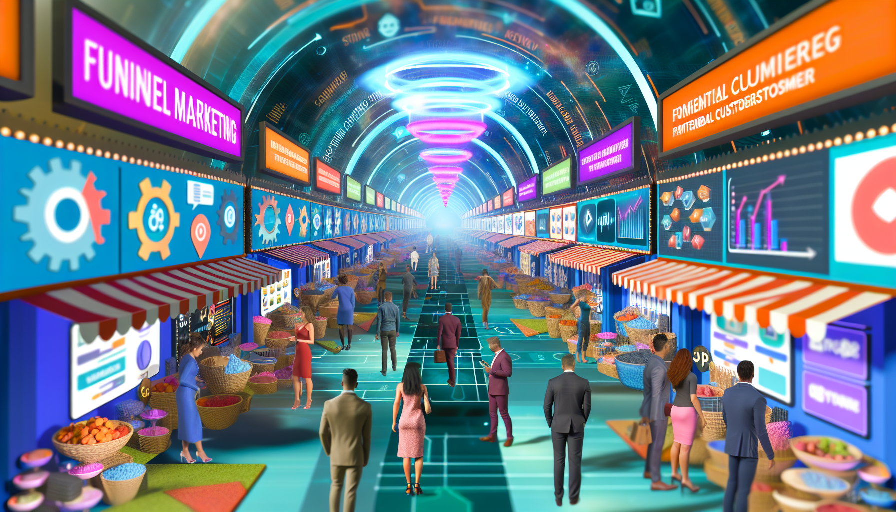 Eine lebendige digitale Marktszene zeigt den Verkauf von digitalen Produkten im Bereich Funnel-Marketing. Verschiedene virtuelle Stände präsentieren eine Vielzahl von digitalen Werkzeugen und innovativer Software, die darauf abzielen, den Prozess der Umwandlung potenzieller Kunden in Käufer zu optimieren. Potenzielle Kunden, dargestellt durch verschiedene digitale Avatare, sind dabei zu sehen, wie sie mit den Ständen interagieren, Gespräche führen und Produkte kaufen. Ein ausgeprägter Futurismus dominiert das Thema und deutet auf die transformative Kraft digitaler Marketinglösungen hin.