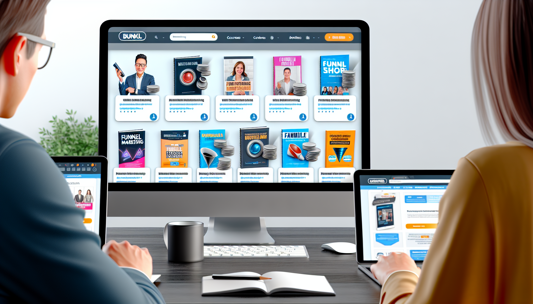 Ein digitaler Produktmarktplatz, der sich auf Funnel-Marketing konzentriert. Die Szene zeigt eine moderne, benutzerfreundliche Oberfläche mit verschiedenen Produktvorschauen, die E-Books, Kurse, Webinare oder Software darstellen, die alle mit Funnel-Marketing in Verbindung stehen. Die Designelemente legen einen klaren Schwerpunkt auf ein nahtloses Online-Shopping-Erlebnis. Die Seite präsentiert stolz Kundenbewertungen, ein Bewertungssystem und eine intuitive Navigationsleiste. Der virtuelle Laden ist belebt mit multitaskingfähigen Personen, die die Produkte erkunden, Beschreibungen studieren und Käufe tätigen.