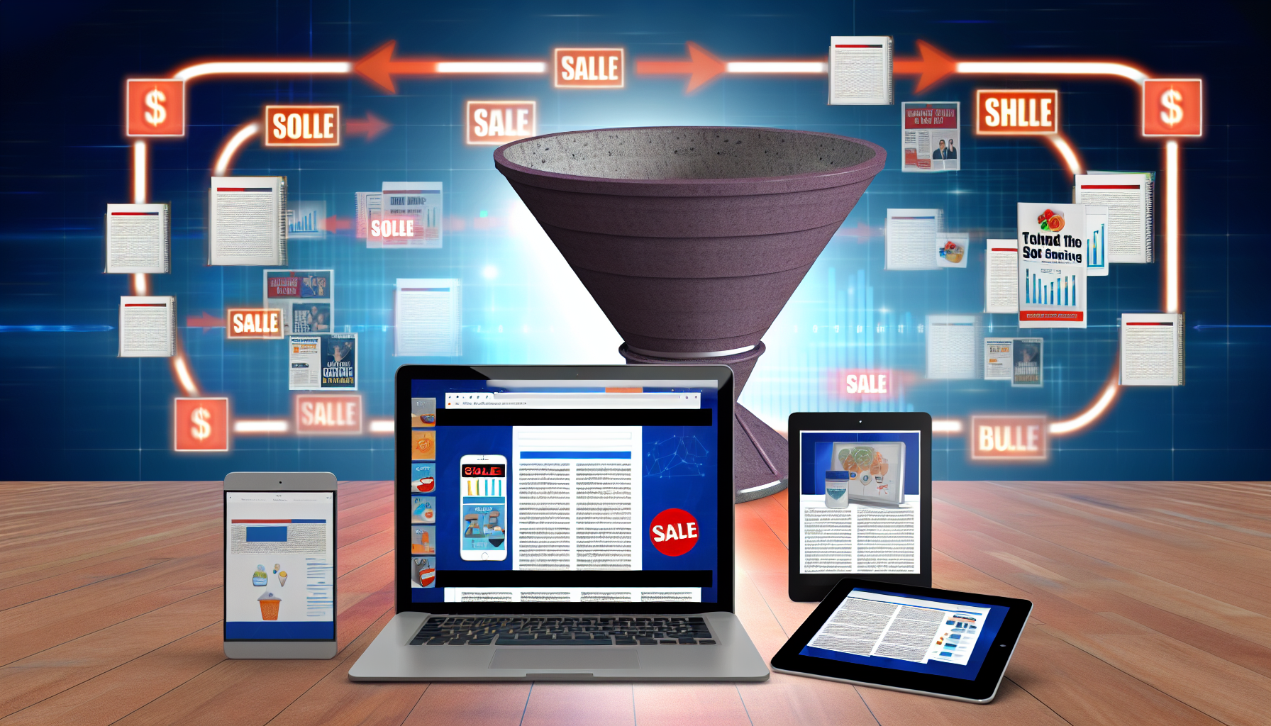 Ein Bild, das den Verkauf digitaler Produkte im Bereich Funnel-Marketing darstellt. Zeigen Sie digitale Produkte wie E-Books, Online-Kurse und Software, die auf den Bildschirmen von Computern, Tablets und Handys angezeigt werden. Im Hintergrund ist ein großer Trichter zu sehen, der den Marketingprozess darstellt, wobei potenzielle Kunden oben eintreten und unten zu Käufern werden. Eine Fusion aus Technologie und Handel, die das Konzept der digitalen Marketingbemühungen veranschaulicht, die den Verkauf ankurbeln.